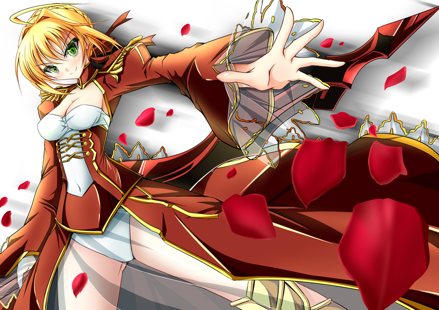 1girl aestus_estus ahoge blonde_hair braid breasts campbell0702 cleavage commentary_request dress epaulettes fate/extra fate/grand_order fate_(series) french_braid green_eyes hair_intakes hair_ribbon juliet_sleeves large_breasts long_sleeves nero_claudius_(fate) nero_claudius_(fate)_(all) open_mouth puffy_sleeves red_dress red_ribbon ribbon saber_extra see-through solo sword weapon wide_sleeves