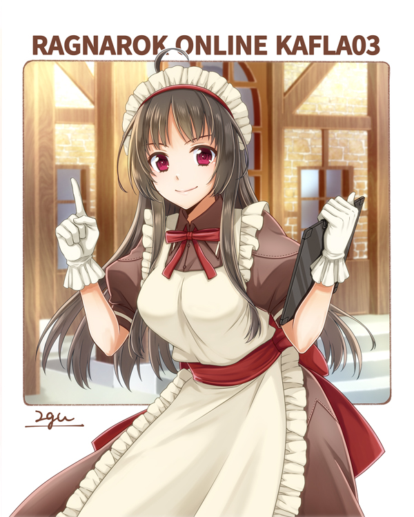 1girl 20nigu ahoge apron bangs black_hair bow bowtie breasts brown_dress building clipboard closed_mouth commentary_request commission cowboy_shot dress english_text engrish_text gloves holding holding_clipboard jasmine_(ragnarok_online) kafra_uniform long_hair looking_at_viewer maid maid_apron maid_headdress medium_breasts pointing pointing_up puffy_short_sleeves puffy_sleeves ragnarok_online ranguage red_bow red_bowtie red_eyes red_sash sash short_sleeves signature skeb_commission smile solo white_apron white_gloves window
