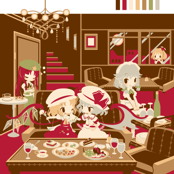 5girls :d :o bat_wings bell blonde_hair blue_hair bottle braid cake chandelier chibi cookie couch crossed_arms cup dress drinking_glass flandre_scarlet flat_color food food_on_face fruit grapes hat hat_ribbon hong_meiling izayoi_sakuya maid maid_headdress multiple_girls neck_ribbon one_eye_closed open_mouth puffy_short_sleeves puffy_sleeves redhead remilia_scarlet ribbon rumia saucer serving_cart shinonoko short_sleeves siblings silver_hair sisters sitting sleeping smile stairs star_(symbol) table teacup touhou twin_braids wine_glass wings