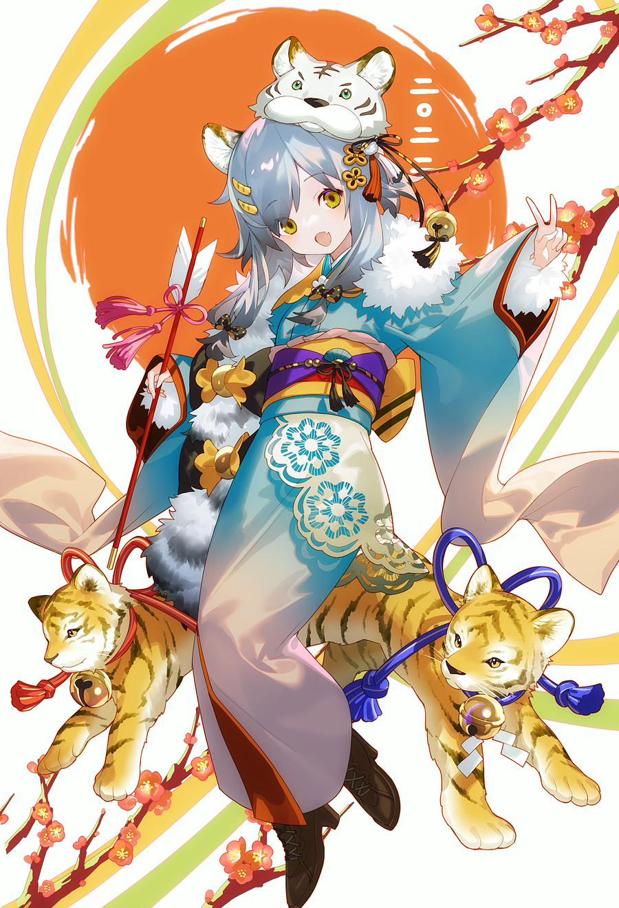 1girl :d animal animal_ear_fluff animal_ears arrow_(projectile) bangs bell black_footwear blue_kimono boots branch brown_eyes chinese_zodiac commentary_request eyebrows_visible_through_hair fang flower full_body grey_hair hair_ornament hairclip hamaya high_heel_boots high_heels highres holding holding_arrow japanese_clothes jingle_bell kimono long_hair long_sleeves looking_at_viewer obi original red_flower sash sleeves_past_wrists smile solo tiger tiger_ears tiger_hat v white_background wide_sleeves yamiya year_of_the_tiger