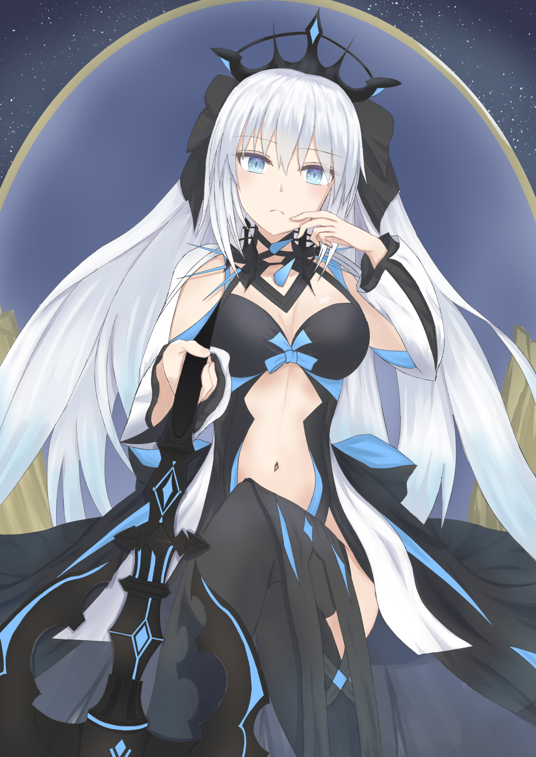 1girl bangs black_bow black_dress blue_eyes bow breasts center_opening cleavage_cutout closed_mouth clothing_cutout commentary dress eyebrows_visible_through_hair fate/grand_order fate_(series) fingernails hair_between_eyes hair_bow hair_ornament highres holding holding_staff holding_weapon large_breasts long_hair long_sleeves looking_at_viewer menell morgan_le_fay_(fate) navel night night_sky outdoors outstretched_arm ponytail pubic_tattoo serious sidelocks silver_hair sky solo staff star_(sky) tattoo tiara tree two-tone_dress upper_body very_long_hair weapon white_dress wide_sleeves