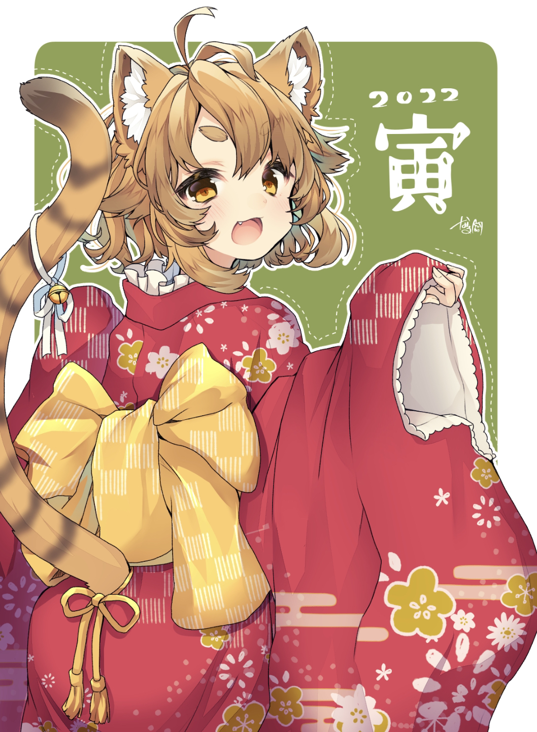 1girl 2022 :d animal_ear_fluff animal_ears antenna_hair ass bangs bell bow brown_eyes brown_hair chinese_zodiac commentary_request eyebrows_visible_through_hair fang floral_print from_behind green_background hair_between_eyes highres japanese_clothes jingle_bell kimono long_sleeves looking_at_viewer looking_back nachiru original pinching_sleeves print_kimono red_kimono ribbon short_eyebrows short_hair sleeves_past_wrists smile solo tail tail_ornament tail_raised tail_ribbon thick_eyebrows tiger_ears tiger_girl tiger_tail two-tone_background white_background white_ribbon wide_sleeves year_of_the_tiger yellow_bow