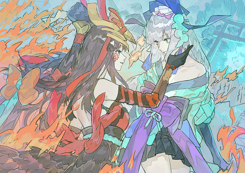 2girls aoandon black_hair blue_eyes elbow_gloves eye_contact facial_mark fire from_behind gloves hair_ornament hand_up hououka_(onmyoji) japanese_clothes long_hair looking_at_another multiple_girls onmyoji outstretched_hand partially_fingerless_gloves qiqu smile torii white_hair