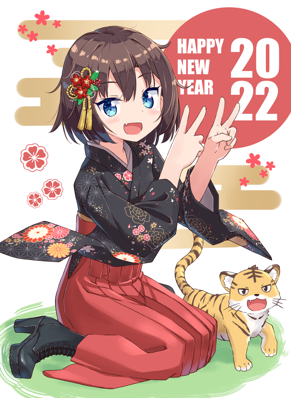 1girl 2022 black_footwear blue_eyes boots brown_hair changaa clothing_request cross-laced_footwear double_v english_text fang hakama happy_new_year high_heel_boots high_heels highres japanese_clothes kneeling lace-up_boots looking_at_viewer new_year open_mouth original red_hakama short_hair skin_fang smile tiger v