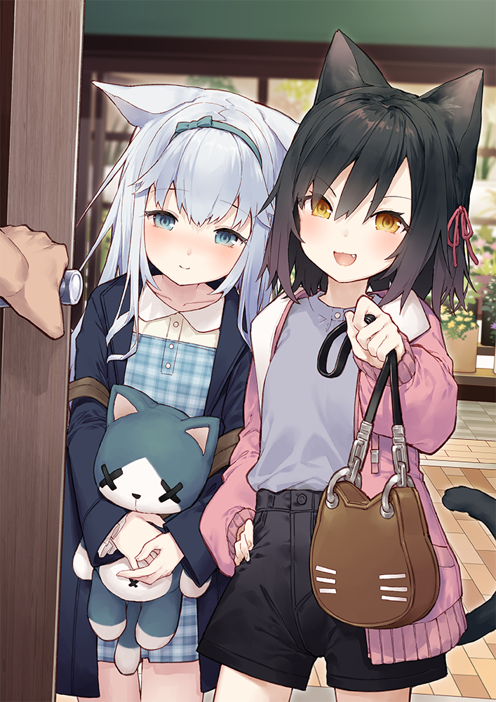 1boy 2girls :d animal_bag animal_ears bag bangs black_hair black_jacket black_shorts blue_dress blush bow brown_eyes cat_bag cat_ears cat_girl cat_tail closed_mouth commentary_request dress ears_down eyebrows_visible_through_hair fang green_bow green_eyes green_hairband grey_shirt hair_between_eyes hair_bow hair_ribbon hairband hand_on_hip holding holding_bag jacket long_hair long_sleeves multiple_girls object_hug open_clothes open_door open_jacket original pink_jacket plaid plaid_dress pleated_dress puffy_long_sleeves puffy_sleeves red_ribbon ribbon shirt short_shorts shorts silver_hair sleeves_past_wrists smile stuffed_animal stuffed_cat stuffed_toy tail tokuno_yuika