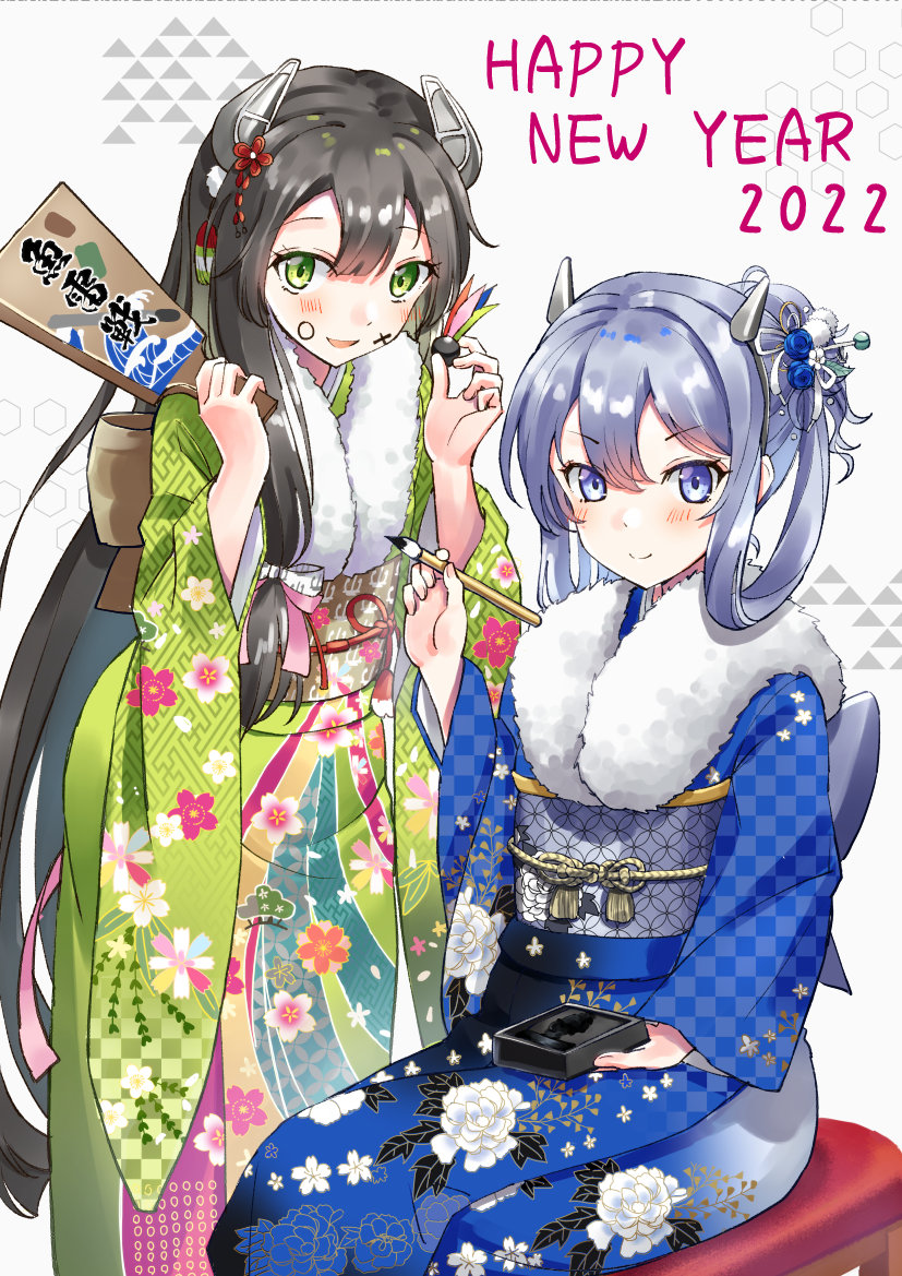 2022 2girls black_hair blue_kimono fake_horns green_eyes green_kimono hagoita happy_new_year headgear holding holding_brush horned_headwear horns i-203_(kancolle) i-47_(kancolle) japanese_clothes kantai_collection kimono light_blue_eyes light_blue_hair long_hair low-tied_long_hair mayura2002 multiple_girls new_year obi official_alternate_costume paddle print_kimono sash sidelocks smile