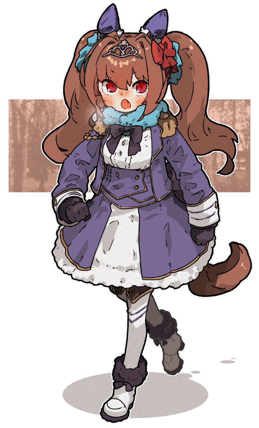 1girl :o amonitto animal_ears bangs blue_jacket blush boots breath brown_hair commentary_request corset cropped_jacket daiwa_scarlet_(umamusume) ear_covers epaulettes fang full_body fur-trimmed_boots fur_trim gloves highres horse_ears horse_girl horse_tail jacket long_hair long_sleeves looking_at_viewer open_mouth purple_gloves red_eyes skirt solo tail tiara twintails umamusume walking white_footwear