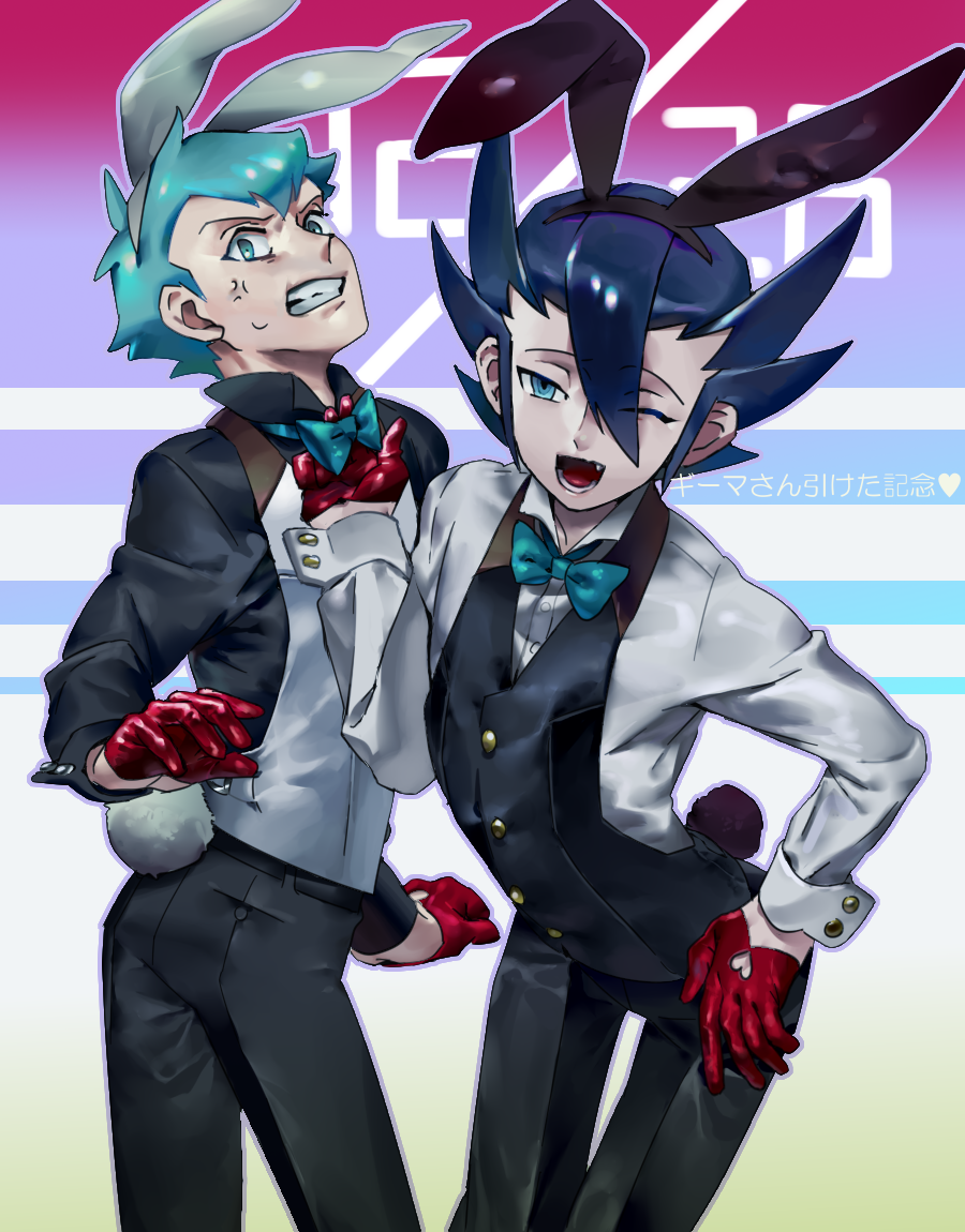 2boys ;d alternate_costume anger_vein angry archer_(pokemon) bangs black_hair black_jacket black_pants black_vest bow bowtie buttons clenched_teeth commentary_request fang gloves green_bow green_bowtie green_eyes green_hair grimsley_(pokemon) gyakumushi hair_between_eyes jacket male_focus multiple_boys one_eye_closed open_mouth pants pokemon pokemon_(game) pokemon_bw pokemon_hgss red_gloves shirt short_hair smile spiky_hair teeth tongue vest white_shirt