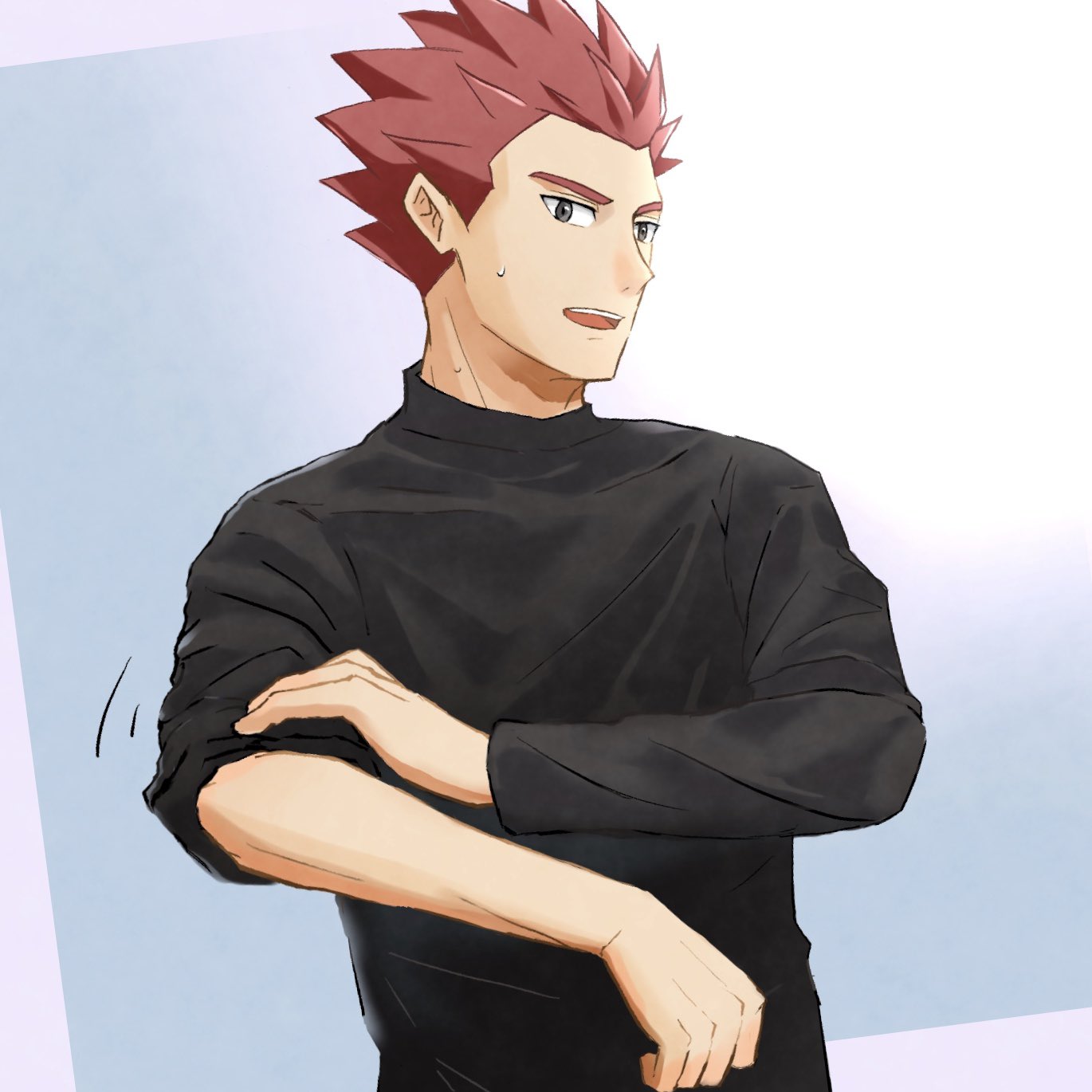 1boy black_shirt grey_background grey_eyes highres imasara_maki lance_(pokemon) looking_down male_focus no_jacket open_mouth pokemon pokemon_(game) pokemon_hgss redhead rolling_sleeves_up shirt short_hair solo spiky_hair sweat teeth tongue upper_body upper_teeth