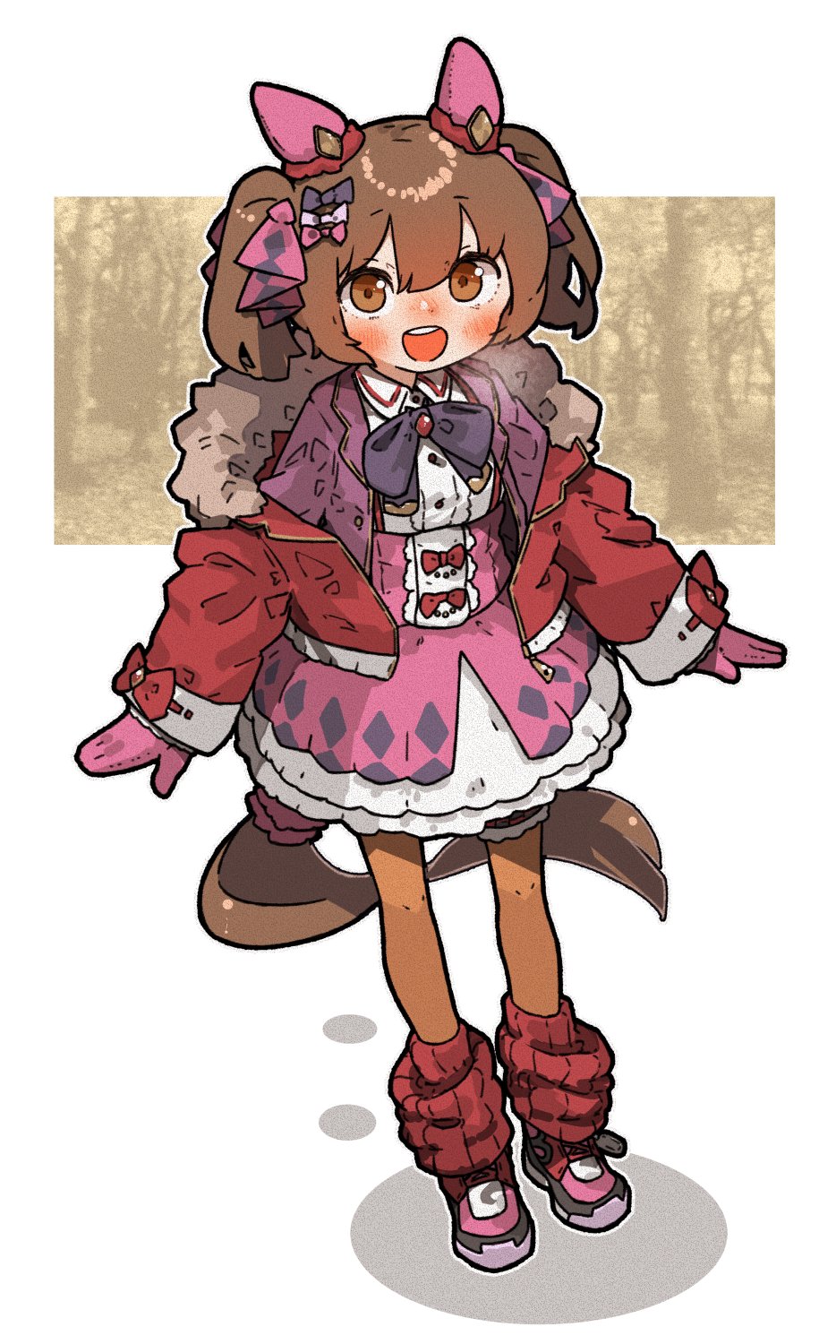 1girl amonitto animal_ears bangs blush bow breath brown_hair coat commentary_request dress ear_covers full_body fur-trimmed_coat fur_trim gloves hair_bow highres horse_ears horse_girl horse_tail leg_warmers long_sleeves looking_at_viewer open_mouth orange_legwear outstretched_arms pink_gloves red_coat shoes skirt smart_falcon_(umamusume) sneakers solo spread_arms standing suspender_skirt suspenders tail twintails umamusume upper_body white_dress yellow_eyes
