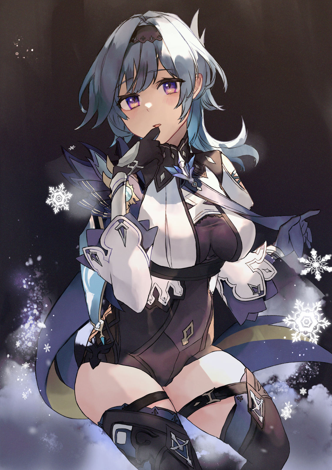 1girl bangs black_gloves black_hairband black_legwear black_leotard blue_cape blue_hair blue_neckwear blush breasts cape eula_(genshin_impact) genshin_impact gloves hair_ornament hairband highres large_breasts leotard long_sleeves looking_at_viewer medium_hair necktie sidelocks solo thigh-highs thighs violet_eyes yok01