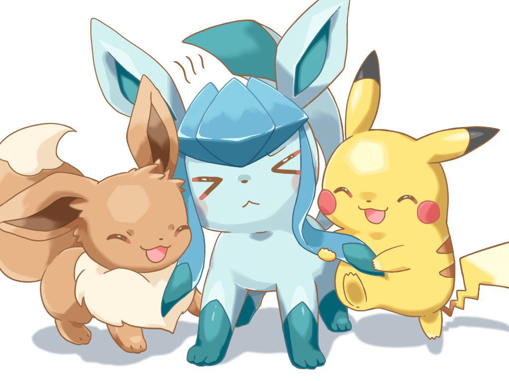 &gt;_&lt; :3 :d animal animal_focus closed_mouth clouds commentary eevee friends glaceon happy hug kana_(maple926) no_humans pikachu playing pokemon pokemon_(creature) shadow simple_background smile standing standing_on_one_leg toes white_background