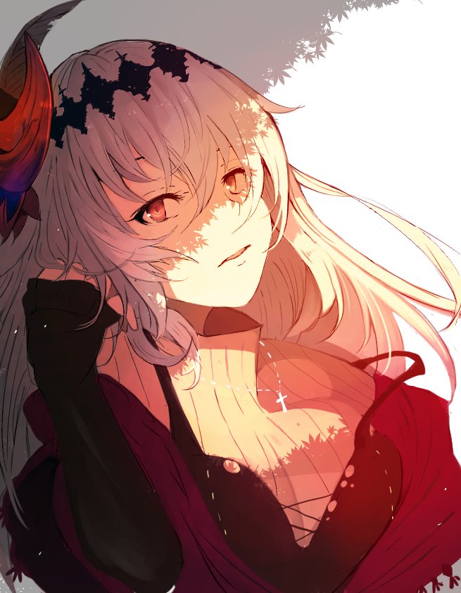 1girl casual dappled_sunlight dark_jeanne frown granblue_fantasy hair_ornament hairband jeanne_d'arc_(granblue_fantasy) long_hair red_eyes ribbed_sweater rosary simple_background solo strap_slip sunlight sweater tiaki208 turtleneck turtleneck_sweater white_background