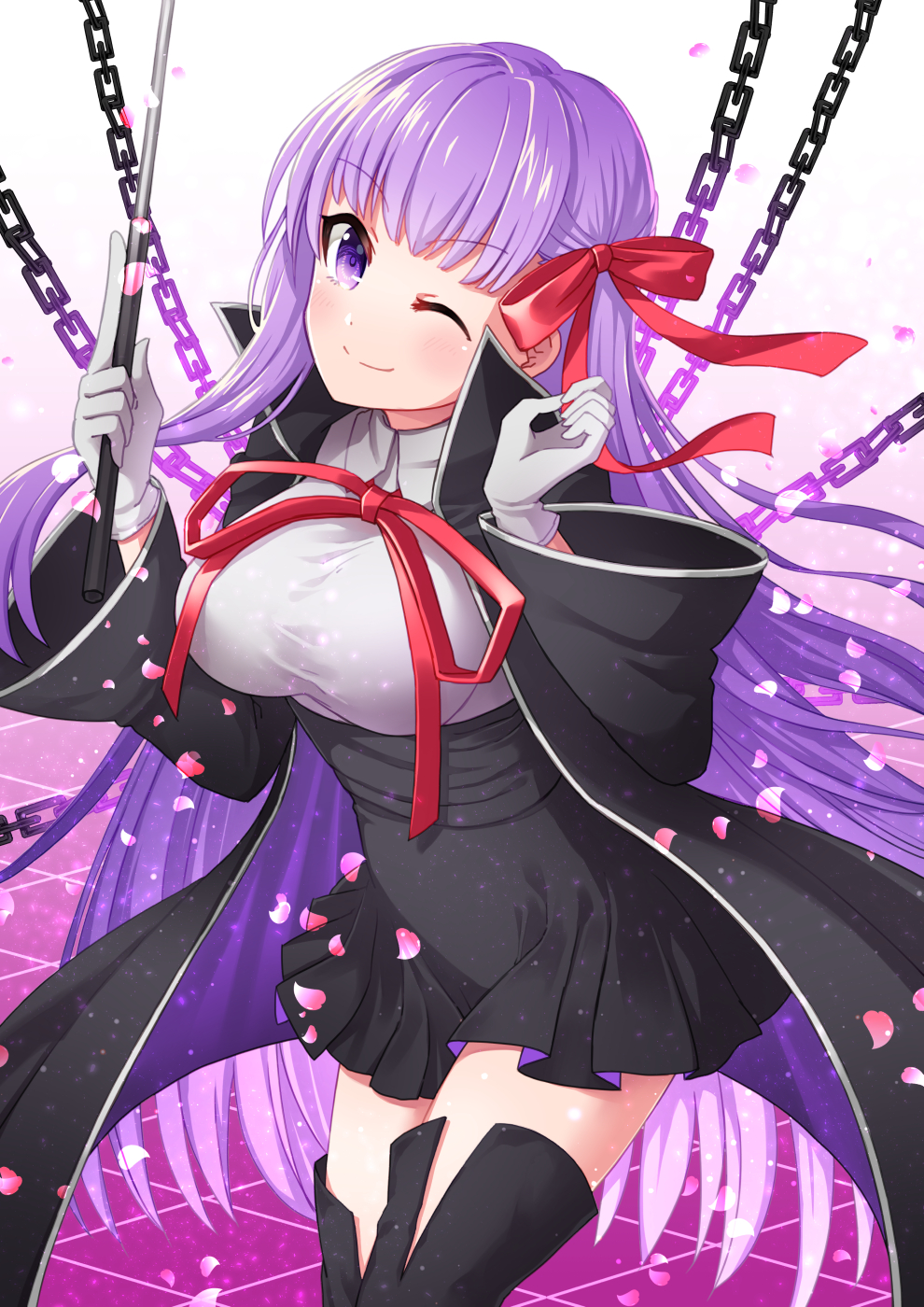 1girl bangs bb_(fate)_(all) bb_(fate/extra_ccc) black_coat black_skirt breasts coat coconat_summer fate/extra fate/extra_ccc fate/grand_order fate_(series) gloves hair_ribbon high-waist_skirt highres holding holding_wand large_breasts leotard long_hair long_sleeves looking_at_viewer neck_ribbon open_clothes open_coat popped_collar purple_hair red_ribbon ribbon skirt smile very_long_hair violet_eyes wand white_gloves white_leotard wide_sleeves