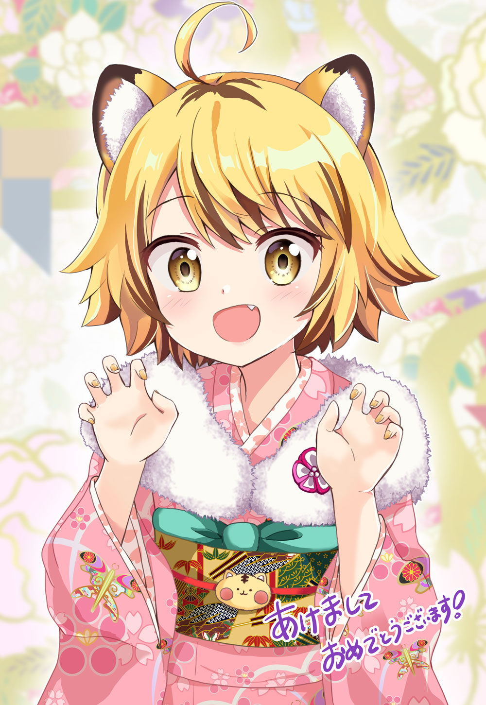 1girl :d ahoge animal_ear_fluff animal_ears bangs blonde_hair brown_hair chinese_zodiac claw_pose commentary_request eyebrows_visible_through_hair fang fur_collar highres japanese_clothes kimono looking_at_viewer massala multicolored_hair nail_polish nengajou new_year obi open_mouth original pink_kimono sash short_hair smile solo streaked_hair tiger_ears tiger_girl two-tone_hair year_of_the_tiger yellow_eyes yellow_nails