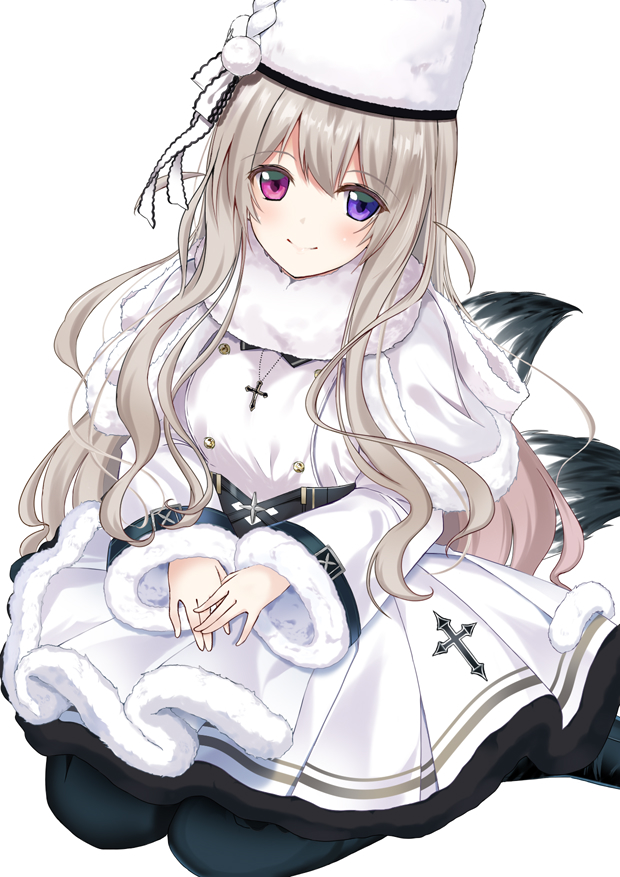 1girl azur_lane black_legwear blue_eyes blush breasts buttons closed_mouth commentary cross cross_necklace double-breasted dress eyebrows_visible_through_hair fox_tail full_body fur-trimmed_dress fur-trimmed_sleeves fur_hat fur_scarf fur_trim hair_between_eyes hat heterochromia irohasu_(mmgn7434) jewelry long_hair looking_at_viewer medium_breasts multiple_tails murmansk_(azur_lane) necklace own_hands_together pantyhose pleated_skirt silver_hair simple_background sitting skirt smile solo tail underbust violet_eyes wariza wavy_hair white_background white_dress white_headwear