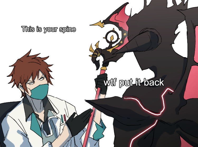 1boy 1other avatar_(granblue_fantasy) black_gloves brown_eyes brown_hair demon doctor doctor_(granblue_fantasy) gloves gran_(granblue_fantasy) granblue_fantasy horns lawzanid mask meme mouth_mask short_hair staff this_is_your_spine_(meme) wings
