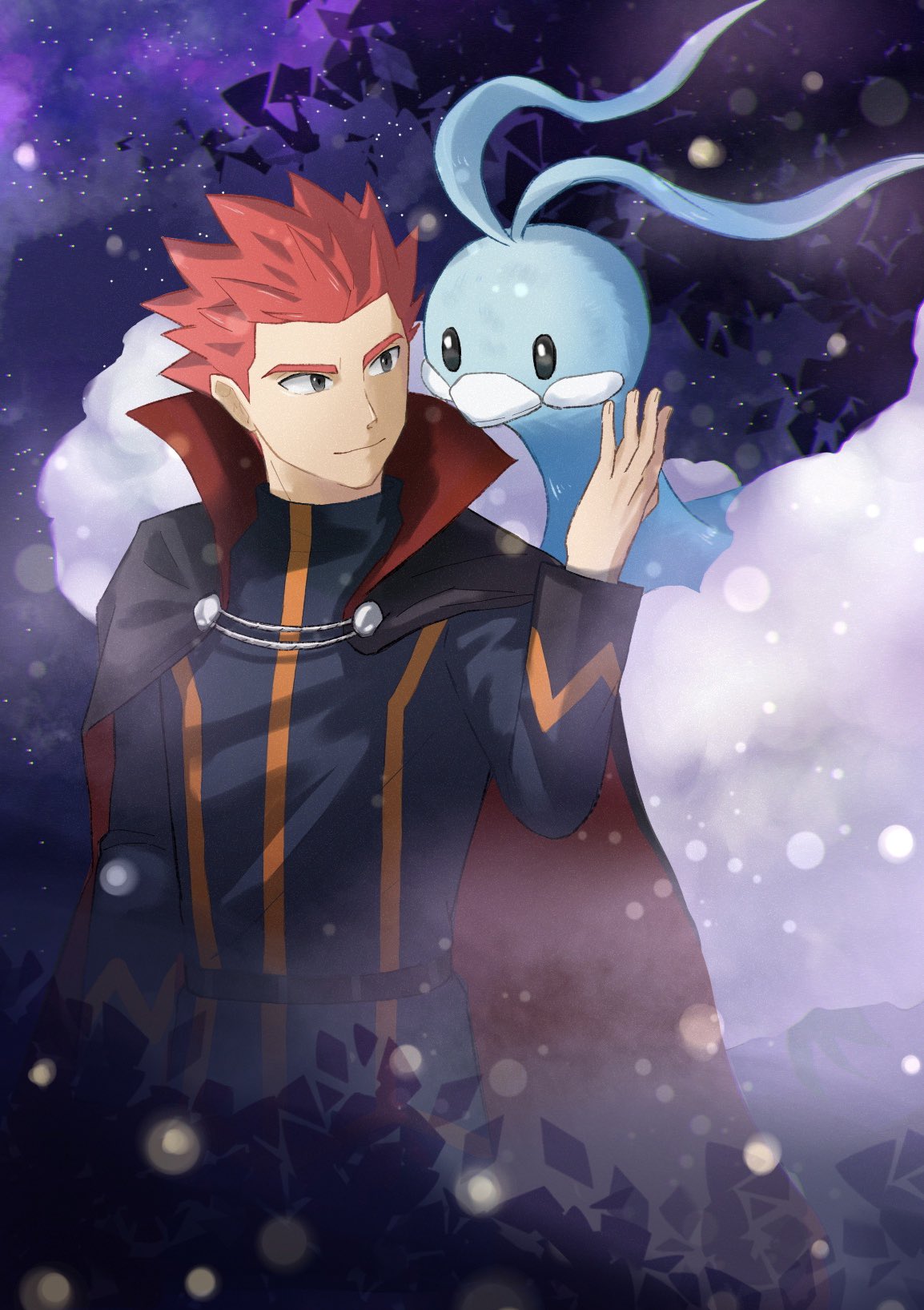 1boy altaria black_cape cape closed_mouth commentary_request grey_eyes grey_jacket hand_up highres imasara_maki jacket lance_(pokemon) long_sleeves looking_to_the_side male_focus pokemon pokemon_(creature) pokemon_(game) pokemon_hgss popped_collar redhead short_hair smile spiky_hair