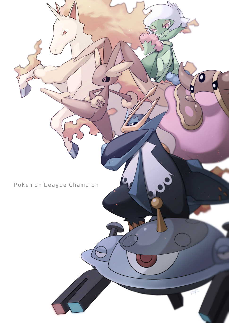 blue_eyes blurry closed_mouth commentary_request copyright_name empoleon frown gastrodon gastrodon_(west) highres kicking looking_down lopunny magnezone no_humans pokemon pokemon_(creature) rapidash red_eyes roserade smile yori_(ito_haruki)