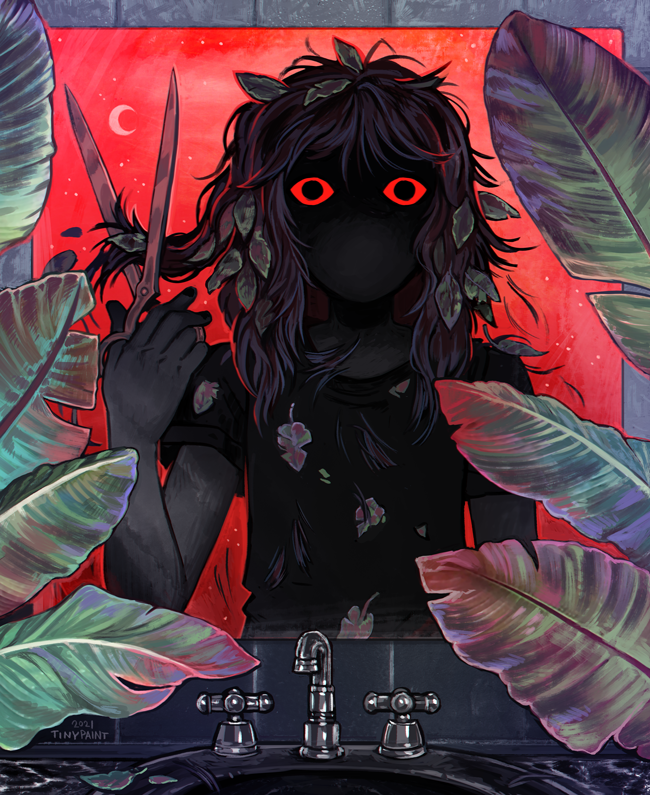 ambiguous_gender avasdemon black_eyes colored_sclera crescent_moon faucet hand_up holding holding_scissors leaf leaf_on_head looking_at_viewer mirror moon original plant red_sclera red_sky reflection scissors sink sky solo star_(sky) starry_sky