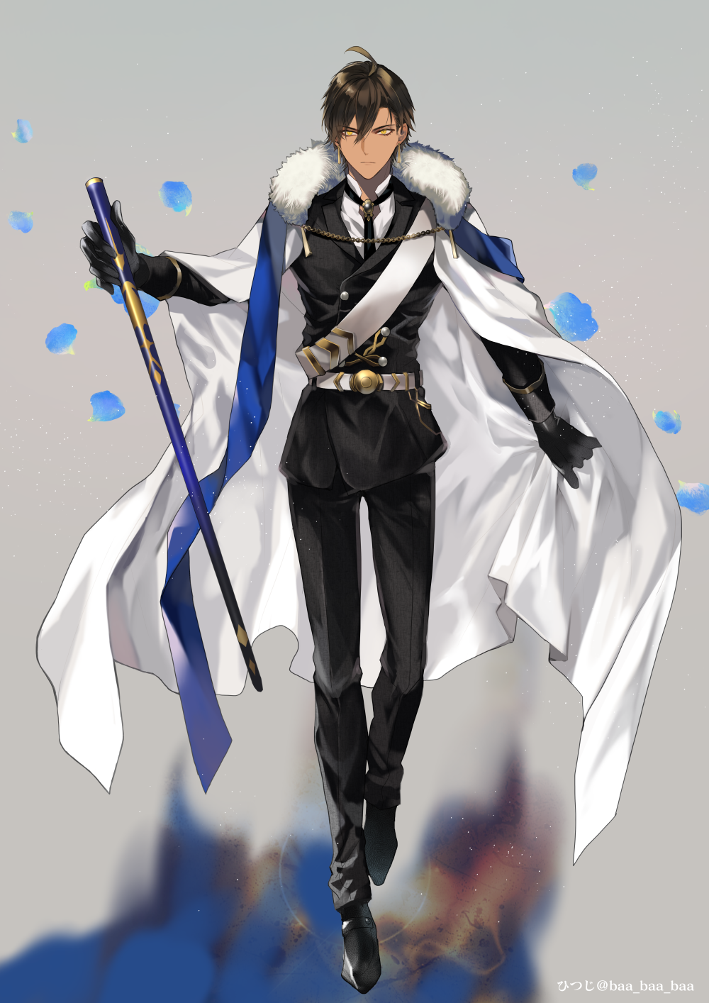 1boy bangs belt belt_buckle black_footwear black_gloves black_jacket blue_scarf bolo_tie brown_hair buckle buttons cane cape dark_skin double-breasted earrings fate/grand_order fate_(series) full_body fur-trimmed_cape fur_trim gloves highres holding holding_cane jacket jewelry male_focus ozymandias_(fate) sakura_hitsuji scarf shirt shoes shoulder_belt solo twitter_username white_belt white_cape white_shirt yellow_eyes