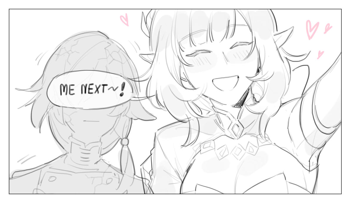 2girls bangs blush closed_eyes closed_mouth elysia_(honkai_impact) english_commentary english_text eyebrows_visible_through_hair fu_hua fu_hua_(valkyrie_accipter) greyscale hair_ornament heart honkai_(series) honkai_impact_3rd maiqo monochrome multiple_girls open_mouth pointy_ears simple_background speech_bubble white_background