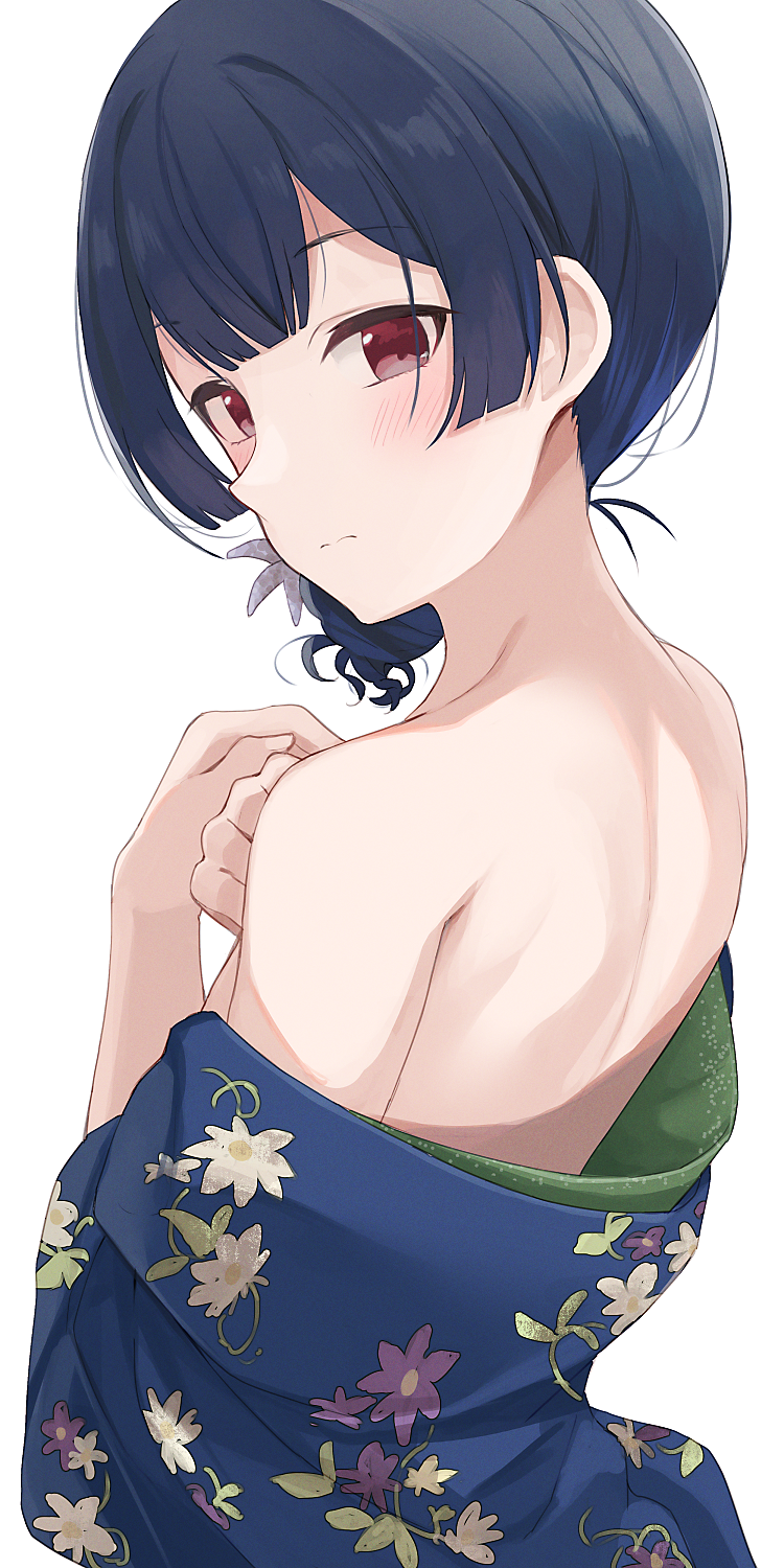 1girl bangs bare_shoulders blue_hair blue_kimono closed_mouth commentary_request expressionless flat_chest floral_print from_behind head_tilt highres hiroki_(yyqw7151) idolmaster idolmaster_shiny_colors japanese_clothes kimono light_blush morino_rinze nape red_eyes short_hair simple_background solo tied_hair undressing upper_body white_background