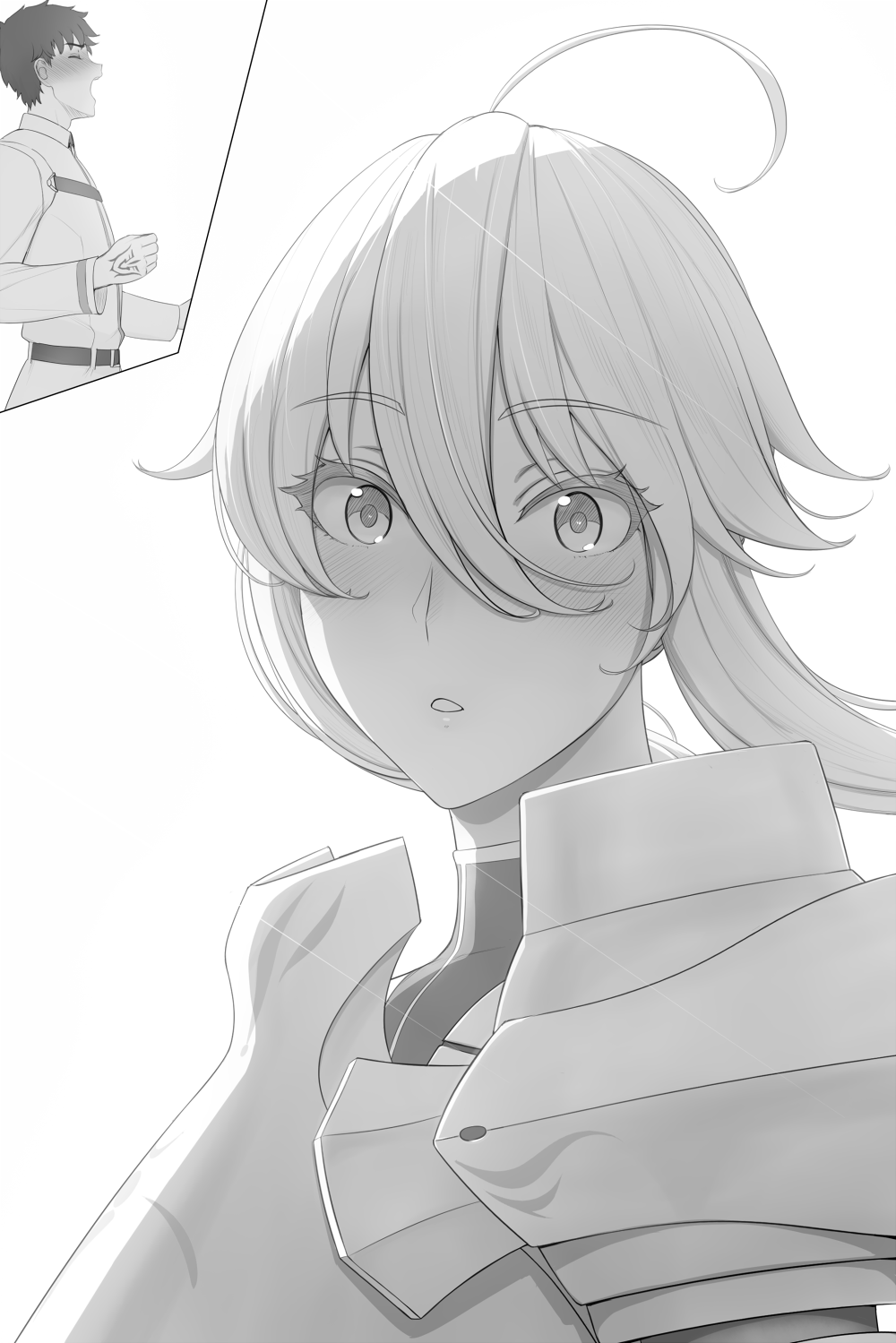 1boy 1girl ahoge armor artoria_pendragon_(fate) blush breastplate character_request command_spell fate/grand_order fate_(series) from_side greyscale hair_between_eyes hetero highres looking_at_viewer lvl_(sentrythe2310) monochrome open_mouth parted_lips solo_focus upper_body wide-eyed