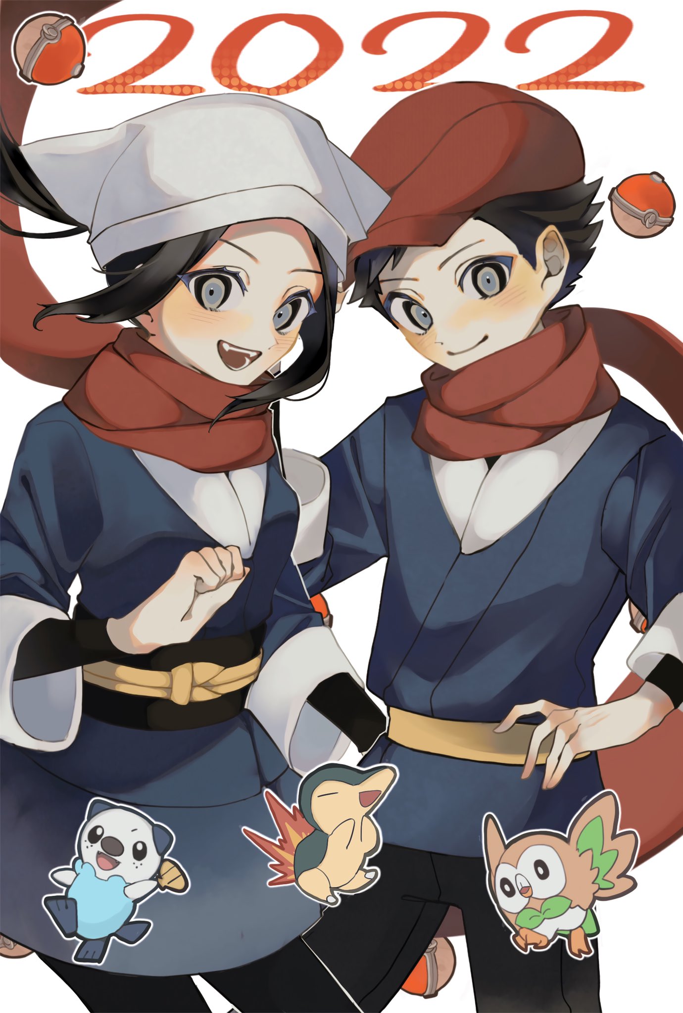 1boy 1girl 2022 :d akari_(pokemon) black_hair black_legwear black_shirt blush closed_mouth commentary_request cyndaquil eyelashes floating_scarf grey_eyes grey_headwear head_scarf highres jacket long_hair looking_at_viewer nino06aster open_mouth oshawott pantyhose poke_ball poke_ball_(legends) pokemon pokemon_(creature) pokemon_(game) pokemon_legends:_arceus ponytail red_scarf rei_(pokemon) rowlet sash scarf shirt short_hair sidelocks skirt smile starter_pokemon_trio teeth