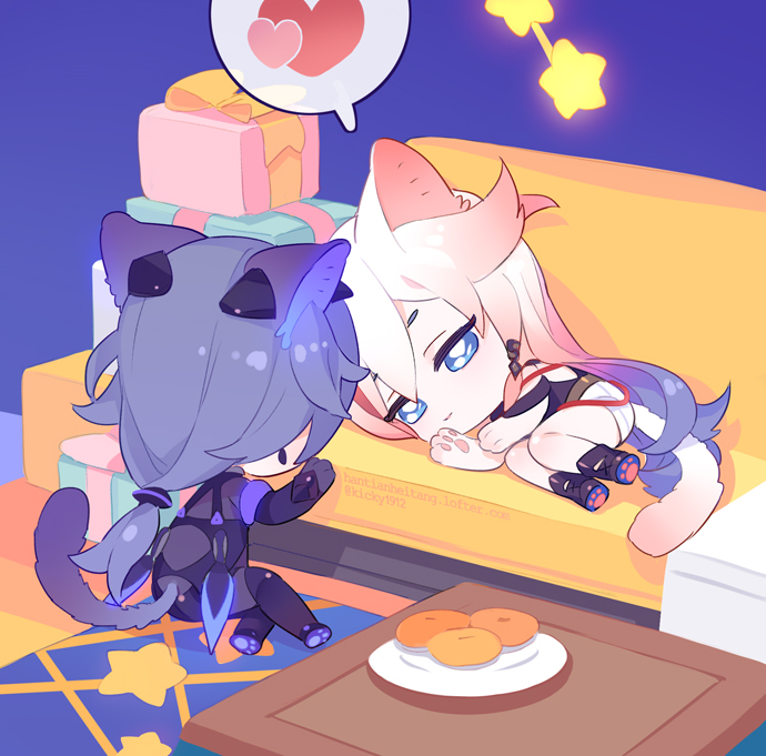 2girls animal_ears animal_hands bangs bare_shoulders black_bodysuit black_footwear black_hair black_shirt blue_eyes bodysuit bread cat_ears cat_girl cat_tail chibi closed_mouth couch dual_persona floor food fu_hua fu_hua_(night_squire) fu_hua_(shadow_knight) full_body gift hair_between_eyes hair_ornament heart honkai_(series) honkai_impact_3rd kickylian long_hair looking_at_another lying multicolored_hair multiple_girls on_floor on_side plate ponytail shirt shorts sitting spoken_heart star_(symbol) streaked_hair table tail white_hair white_shorts