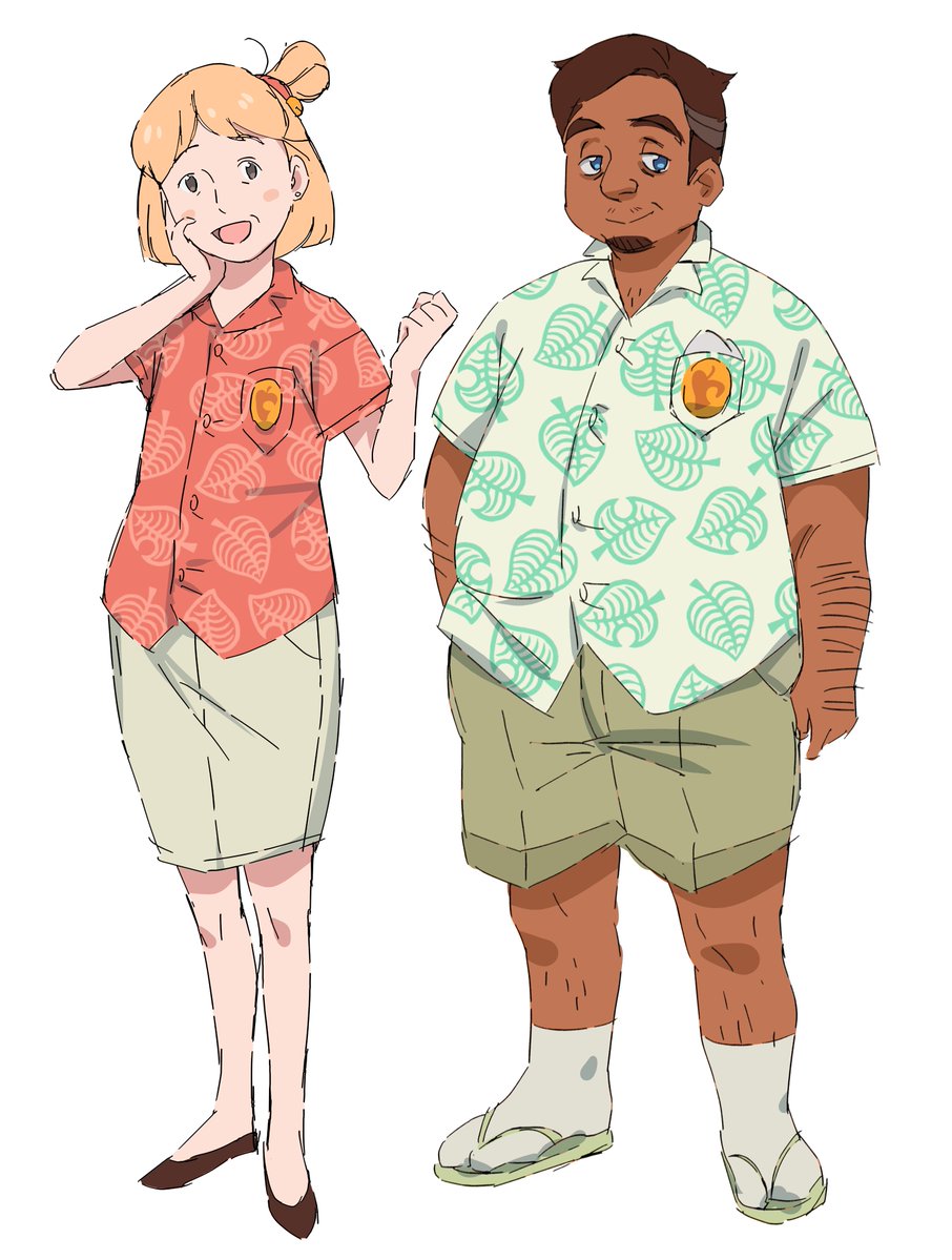 animal_crossing arm_hair bad_id bad_twitter_id blonde_hair blue_eyes blush_stickers brown_eyes brown_footwear brown_hair dark-skinned_male dark_skin earrings english_commentary facial_hair goatee green_footwear green_shirt hair_ribbon hand_in_pocket hand_on_own_face hawaiian_shirt humanization isabelle_(animal_crossing) jewelry leaf_print leg_hair looking_to_the_side red_ribbon red_shirt ribbon sandals shirt shoes short_hair shorts simple_background skirt socks stubble thick_eyebrows tied_hair tom_nook_(animal_crossing) tomatomagica white_background wrinkled_skin