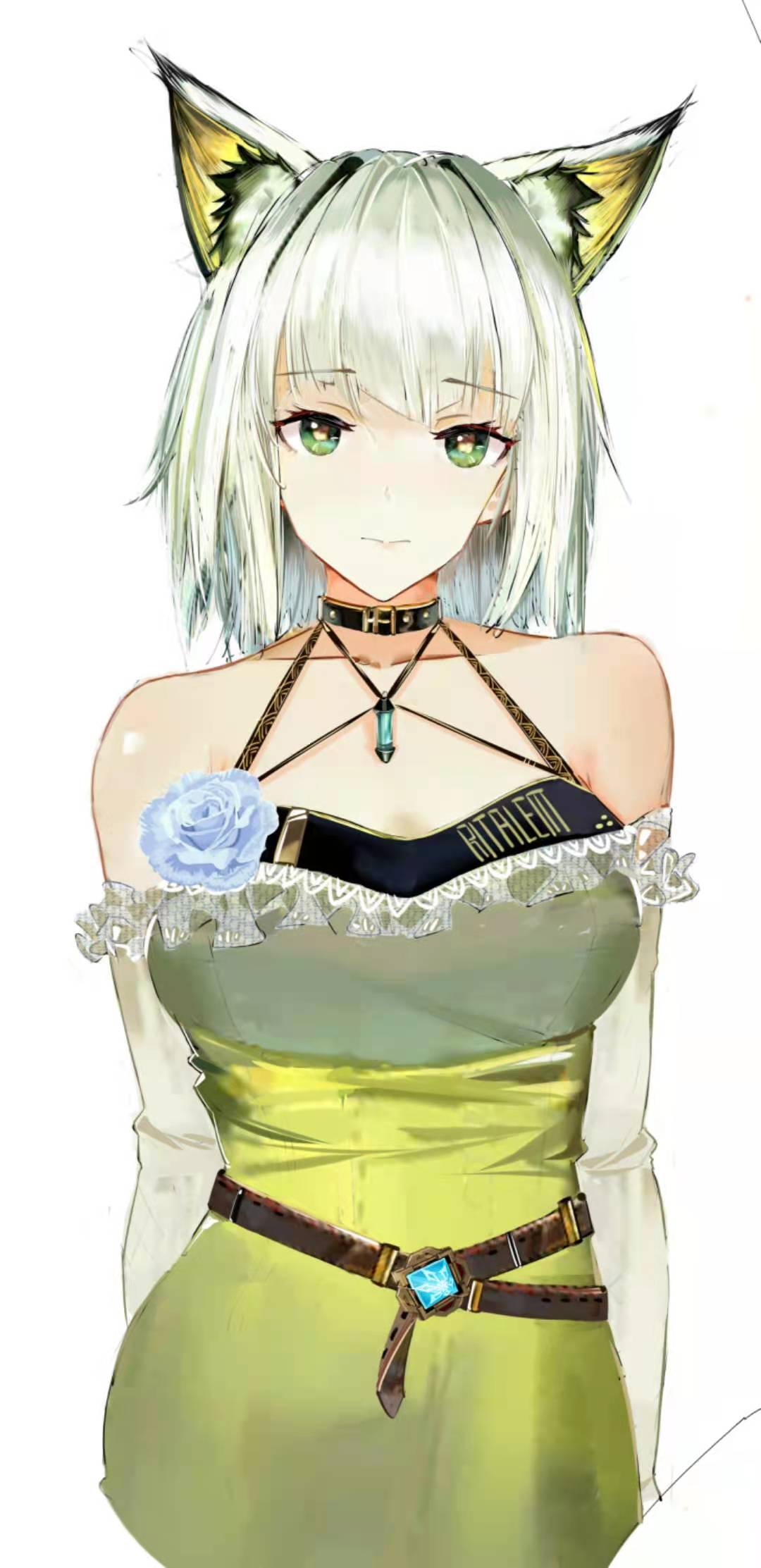 1girl animal_ears arknights artist_name belt black_collar blue_flower blue_rose breasts brown_belt cat_ears chinese_commentary closed_mouth collar cowboy_shot detached_sleeves dress eyebrows_visible_through_hair flower green_dress green_eyes highres jewelry kal'tsit_(arknights) looking_at_viewer medium_breasts medium_hair pendant ritalem rose silver_hair simple_background solo taut_clothes taut_dress white_background