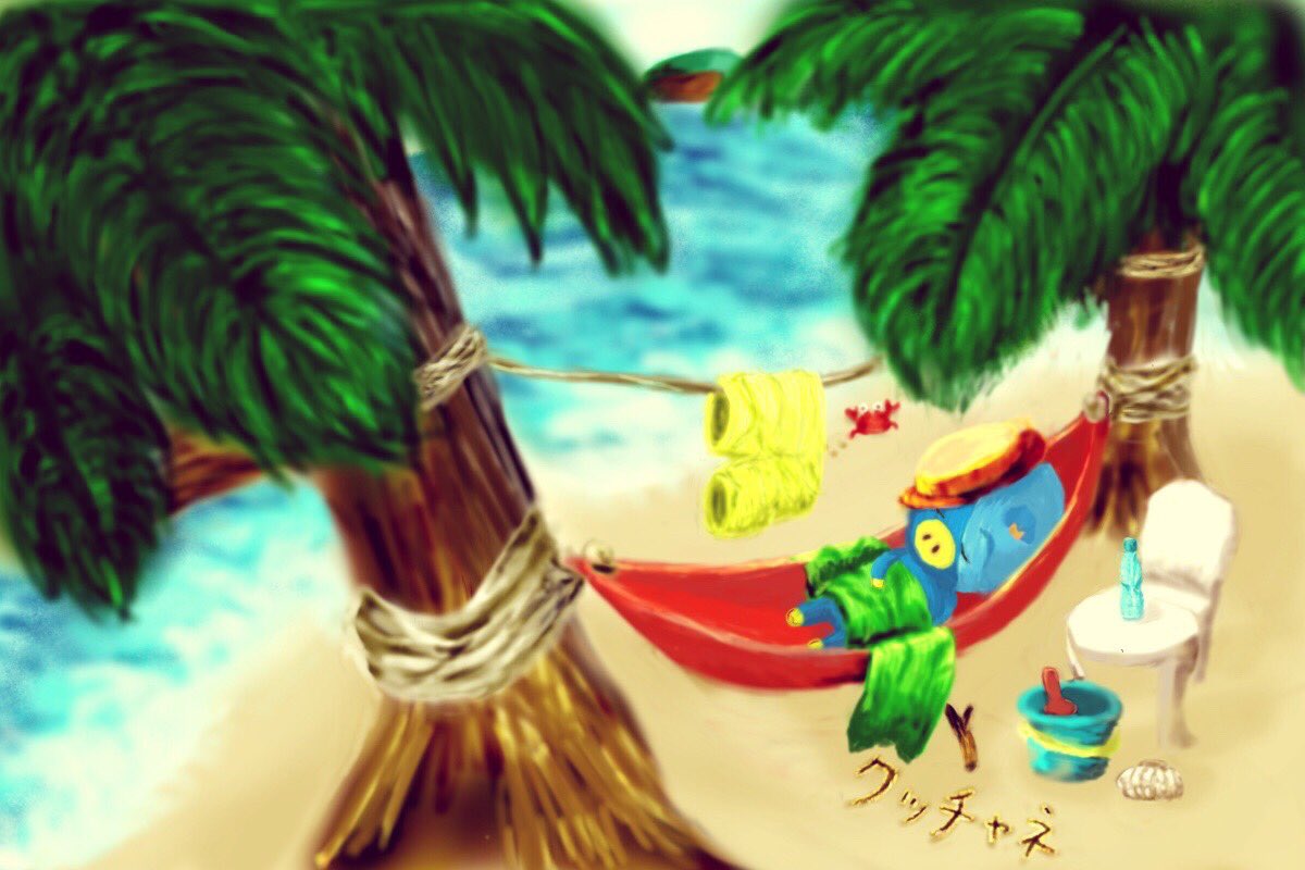 1boy animal_crossing blanket blue_skin bottle branch bucket chair character_name clam_shell closed_eyes colored_skin commentary_request crab drying drying_clothes hammock hat hugh_(animal_crossing) ocean palm_tree pig_boy rope shorts sleeping solo su_hapimori tree yellow_shorts