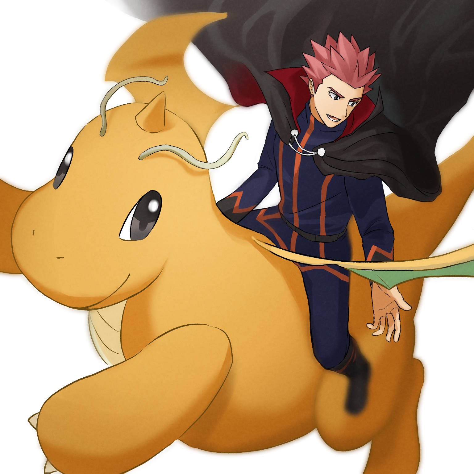 1boy black_cape black_footwear blue_jacket blue_pants boots cape dragonite floating_cape highres imasara_maki jacket lance_(pokemon) long_sleeves looking_down lower_teeth male_focus open_mouth pants pokemon pokemon_(creature) pokemon_(game) pokemon_hgss redhead riding riding_pokemon short_hair sitting spiky_hair teeth tongue white_background