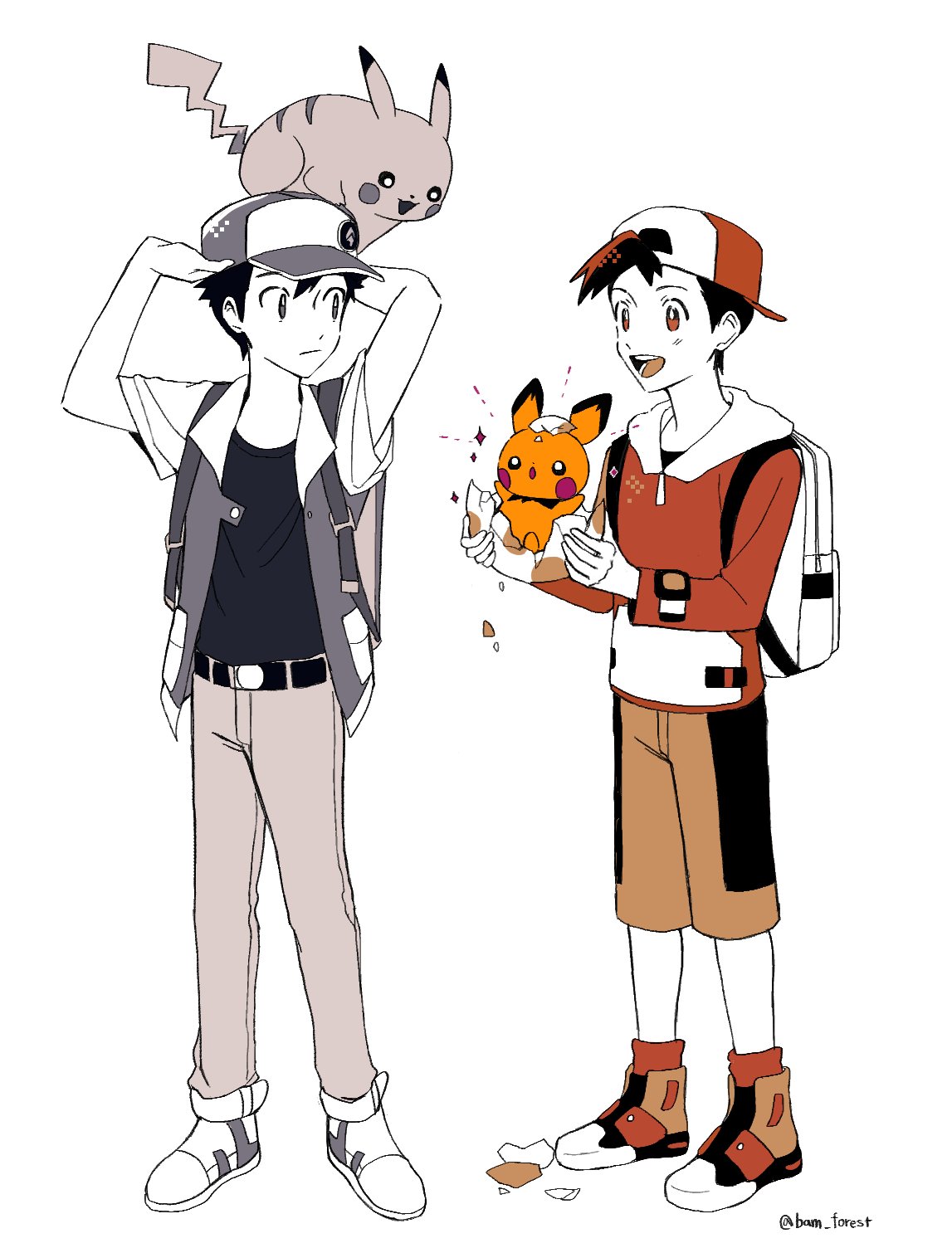 2boys :d backpack backwards_hat bag baseball_cap belt belt_buckle black_belt black_hair black_shirt buckle egg ethan_(pokemon) hat hatching highres holding holding_egg jacket long_sleeves male_focus multiple_boys on_head open_clothes open_jacket open_mouth pants pichu pikachu pokemon pokemon_(creature) pokemon_(game) pokemon_gsc pokemon_on_head pokemon_rgby red_(pokemon) red_jacket shirt shoes short_hair short_sleeves silber_1224 simple_background smile sparkle symbol-only_commentary teeth tongue twitter_username white_background white_bag white_footwear