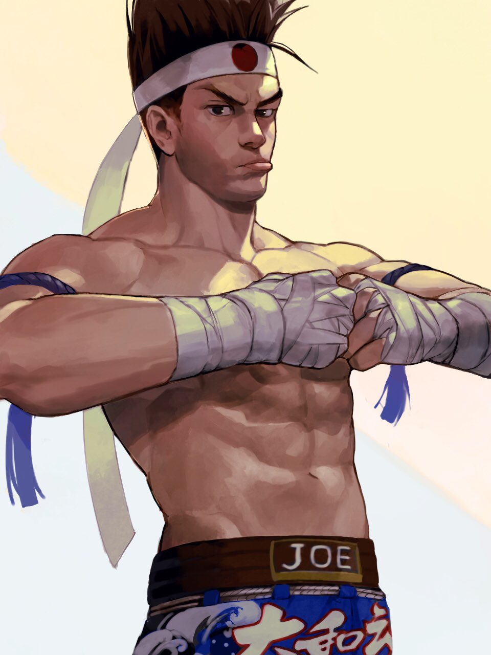 1boy abs bandaged_arm bandages biceps brown_eyes brown_hair character_name clenched_hand clenched_hands collarbone cowboy_shot fatal_fury fist_in_hand hachimaki headband highres joe_higashi looking_at_viewer male_focus muscular muscular_male navel nipples oni_gini pectorals pout raised_eyebrows red_shorts rope short_hair shorts simple_background solo standing the_king_of_fighters the_king_of_fighters_xv topless_male two-tone_background veins