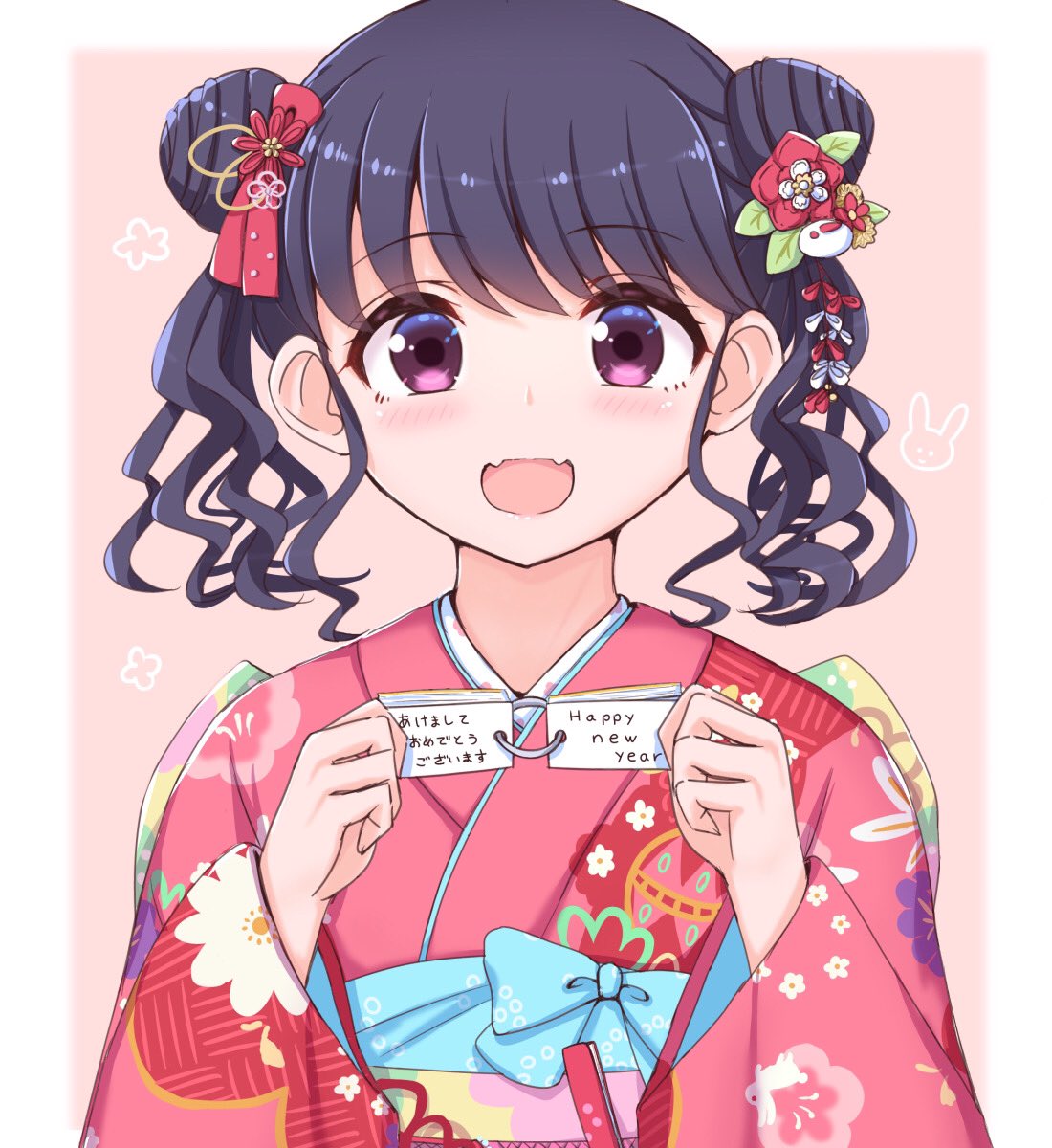 1girl black_hair commentary double_bun fangs flower fukumaru_koito hair_flower hair_ornament highres idolmaster idolmaster_shiny_colors japanese_clothes kimono looking_at_viewer nagi_uru note open_mouth pink_kimono skin_fangs solo translated twintails upper_body violet_eyes wide_sleeves