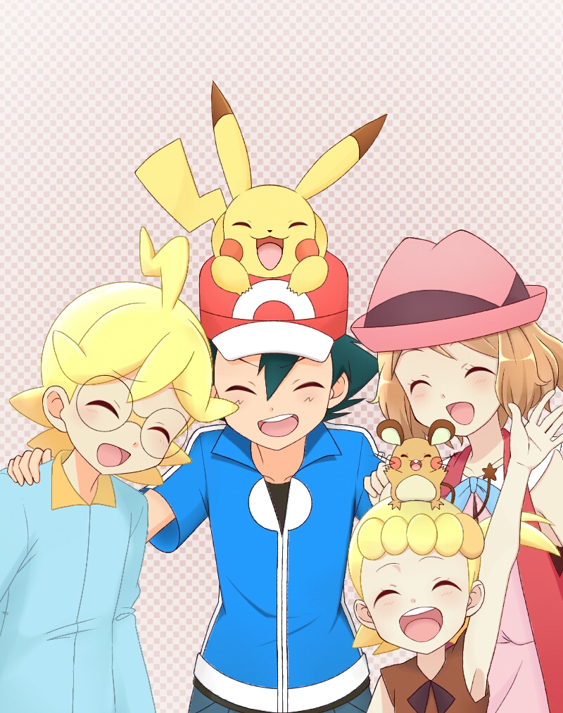 2boys 2girls :d ahoge arm_up ash_ketchum bangs baseball_cap black_shirt blonde_hair blue_jacket blush bonnie_(pokemon) clemont_(pokemon) closed_eyes collarbone collared_jacket commentary_request dedenne eyebrows_visible_through_hair eyelashes glasses hat jacket jumpsuit kouzuki_(reshika213) multiple_boys multiple_girls neck_ribbon on_head open_mouth pants pikachu pink_headwear pokemon pokemon_(anime) pokemon_(creature) pokemon_on_head pokemon_xy_(anime) red_headwear ribbon round_eyewear serena_(pokemon) shirt short_sleeves smile teeth tongue upper_teeth