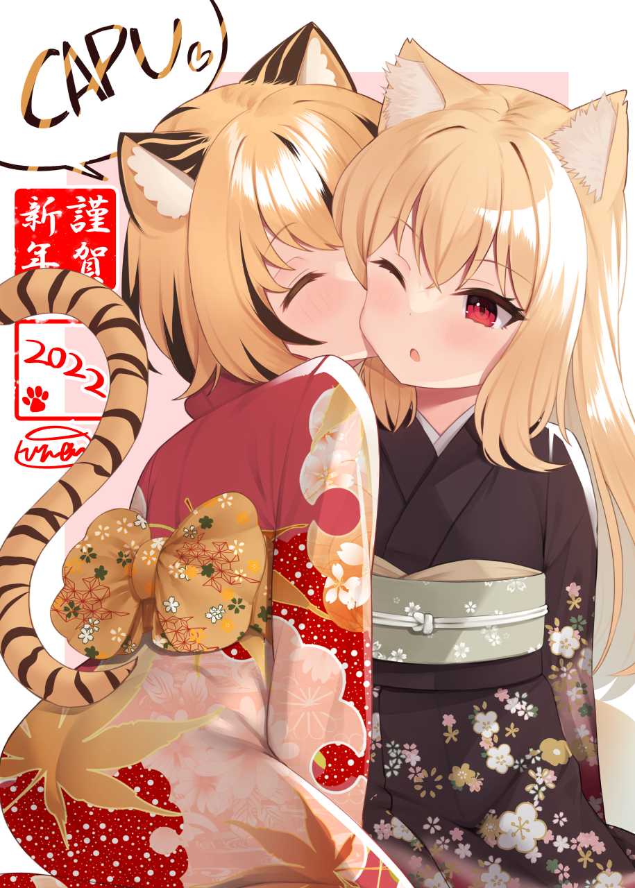 2girls ;o animal_ears binsen blonde_hair closed_eyes commentary_request highres japanese_clothes kimono kiss long_hair multiple_girls one_eye_closed original red_eyes tail tiger_ears tiger_girl tiger_tail
