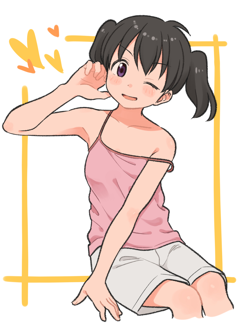 1girl ahoge bangs bare_shoulders black_hair blush_stickers camisole collarbone commentary cropped_legs eyebrows_visible_through_hair grey_shorts hand_up heart highres invisible_chair kuraue_hinata looking_at_viewer meis_(terameisu) one_eye_closed open_mouth pink_camisole short_hair shorts sitting sketch smile solo spaghetti_strap strap_slip twintails violet_eyes white_background yama_no_susume