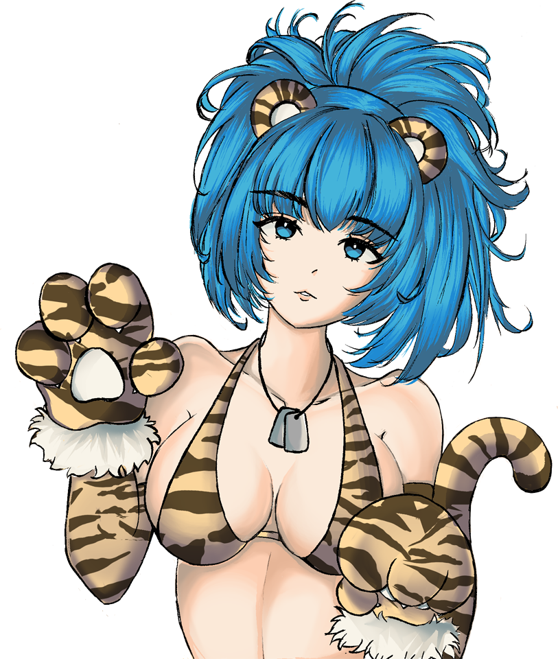 1girl alternate_costume animal_ears animal_hands animal_print bangs bare_shoulders blue_eyes blue_hair breasts dog_tags fake_animal_ears gloves ikari_hime leona_heidern paw_gloves paw_pose ponytail simple_background snk solo tail the_king_of_fighters tiger_ears tiger_print tiger_tail white_background