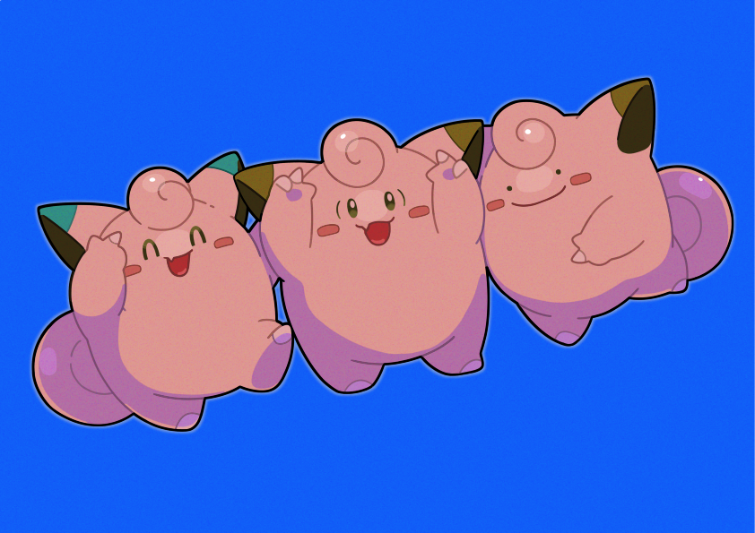 :d ^_^ arms_up blue_background blush_stickers clefairy closed_eyes commentary_request ditto fang no_humans open_mouth pokemon pokemon_(creature) shuu_(ssyuu721) simple_background smile tongue transformed_ditto