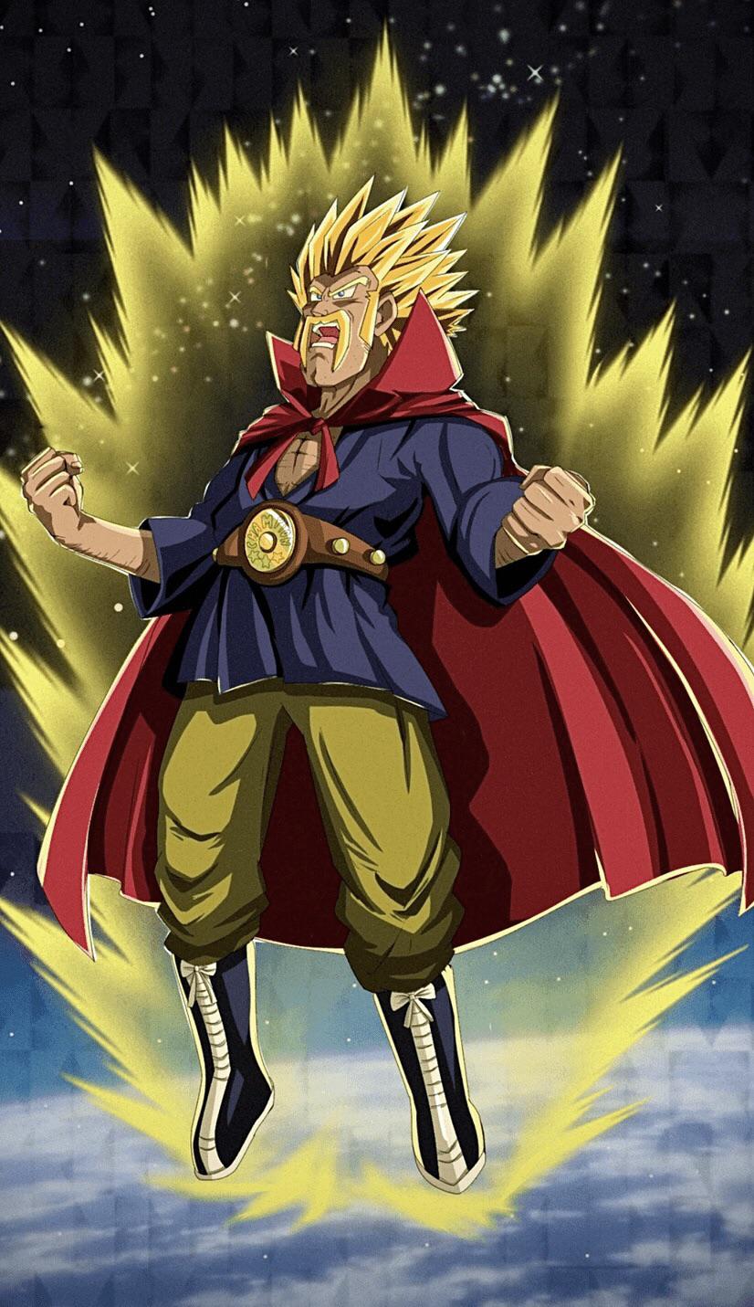 1boy arm_hair aura blonde_hair blue_shirt boots cape card_(medium) championship_belt clenched_hands dragon_ball dragon_ball_super dragon_ball_z_dokkan_battle earth_(planet) facial_hair film_grain floating green_eyes handlebar_mustache highres looking_up male_focus meloetta34 mr._satan mustache open_mouth pants planet red_cape shirt sideburns solo space sparkle spiky_hair star_(sky) super_saiyan yellow_pants