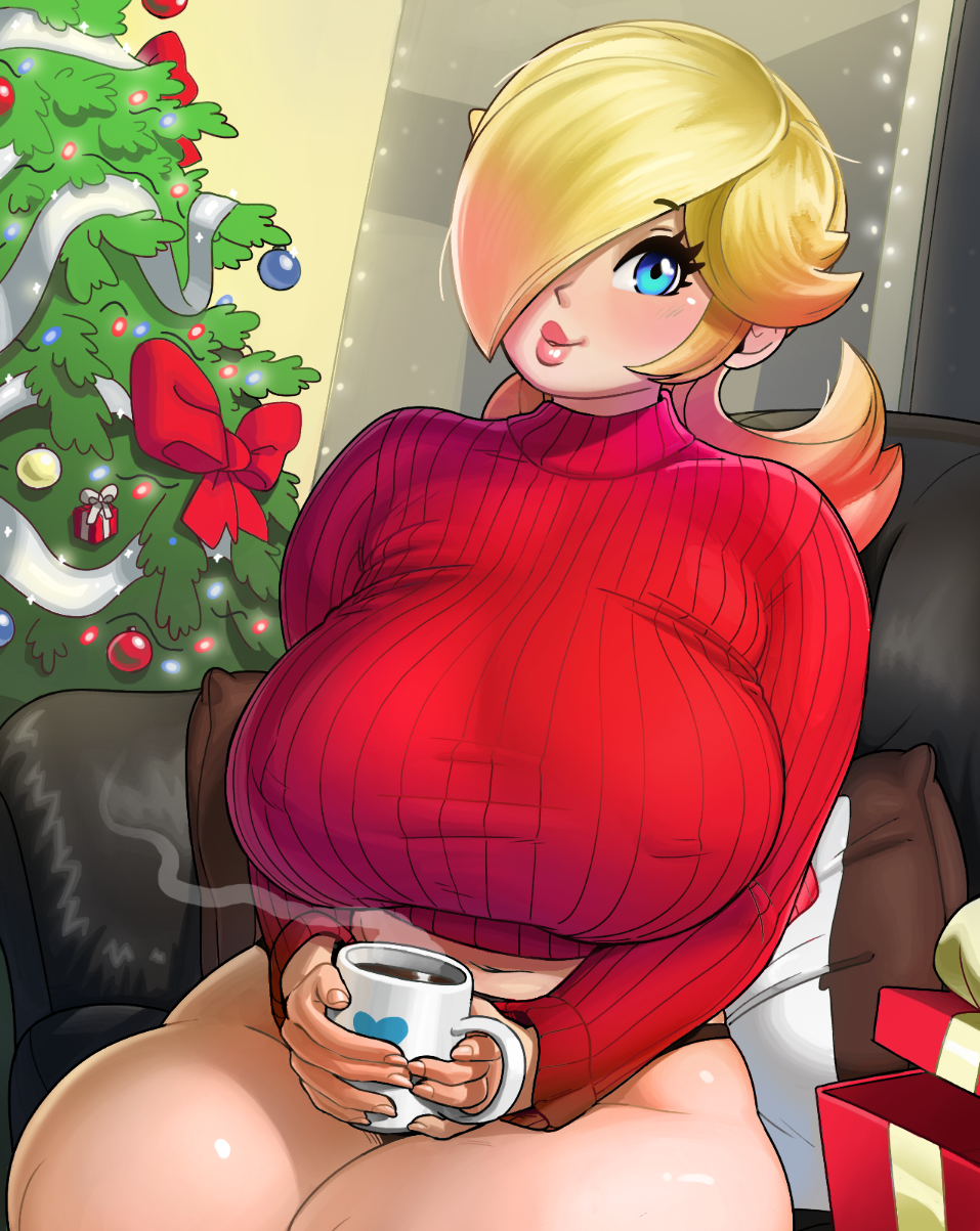 1girl alternate_costume blonde_hair blue_eyes blush box breasts christmas christmas_tree coffee coffee_mug couch cropped_sweater cup eyelashes gift gift_box hair_over_one_eye hard-degenerate highres holding holding_cup large_breasts lips long_hair mug navel no_headwear no_pants on_couch panties red_sweater ribbed_sweater rosalina sitting smile solo super_mario_bros. sweater taut_clothes underwear