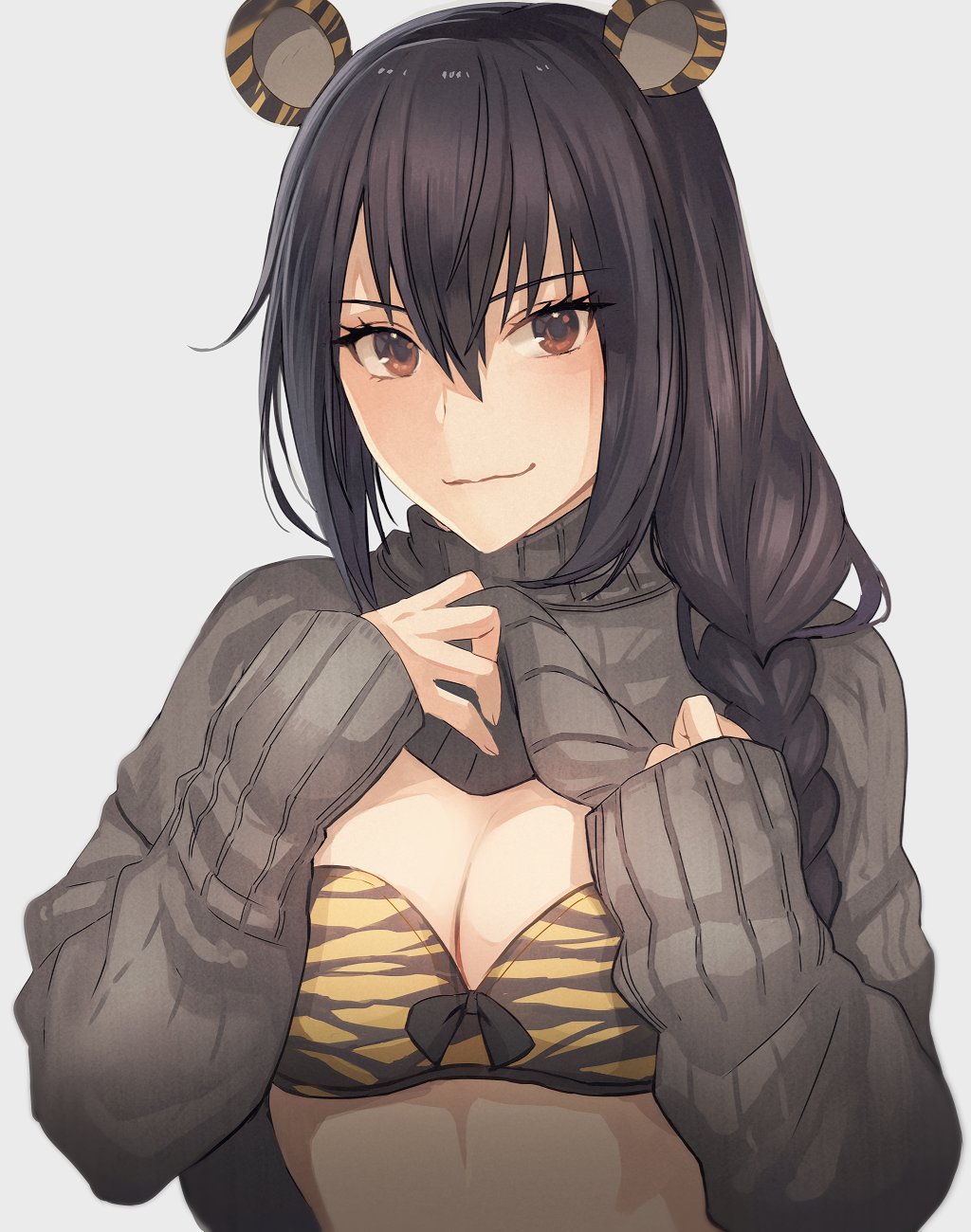 1girl animal_ears animal_print bangs black_bow black_hair bow bow_bra bra braid braided_ponytail breasts brown_eyes closed_mouth clothes_lift commentary eyelashes grey_background grey_sweater hair_between_eyes hands_up highres kantai_collection kasumi_(skchkko) lifted_by_self long_hair long_sleeves looking_at_viewer nagato_(kancolle) simple_background sleeves_past_wrists smirk solo sweater sweater_lift tiger_ears tiger_print underwear upper_body yellow_bra
