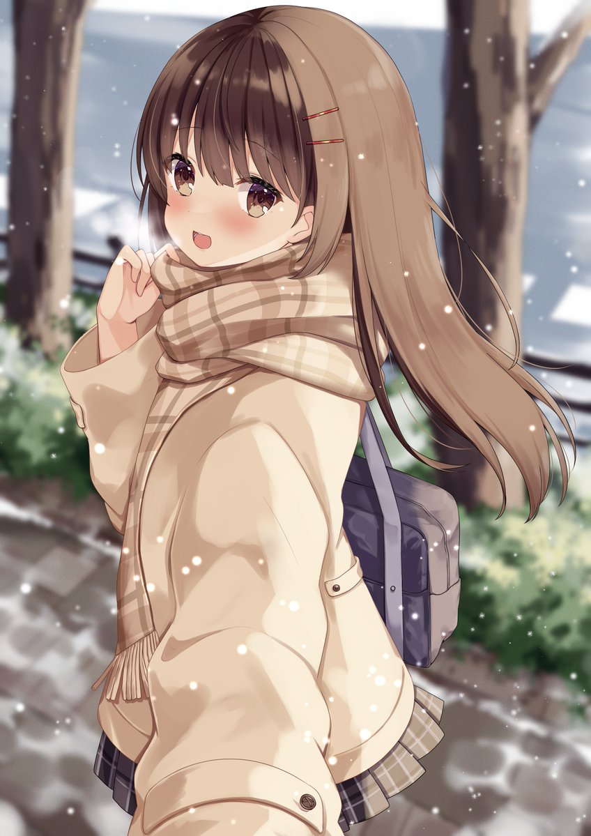 1girl bag bangs blush breath brown_eyes brown_hair bush coat day hair_ornament handbag long_hair looking_at_viewer okiq open_mouth original scarf selfie skirt smile solo standing tree uniform winter_clothes winter_coat