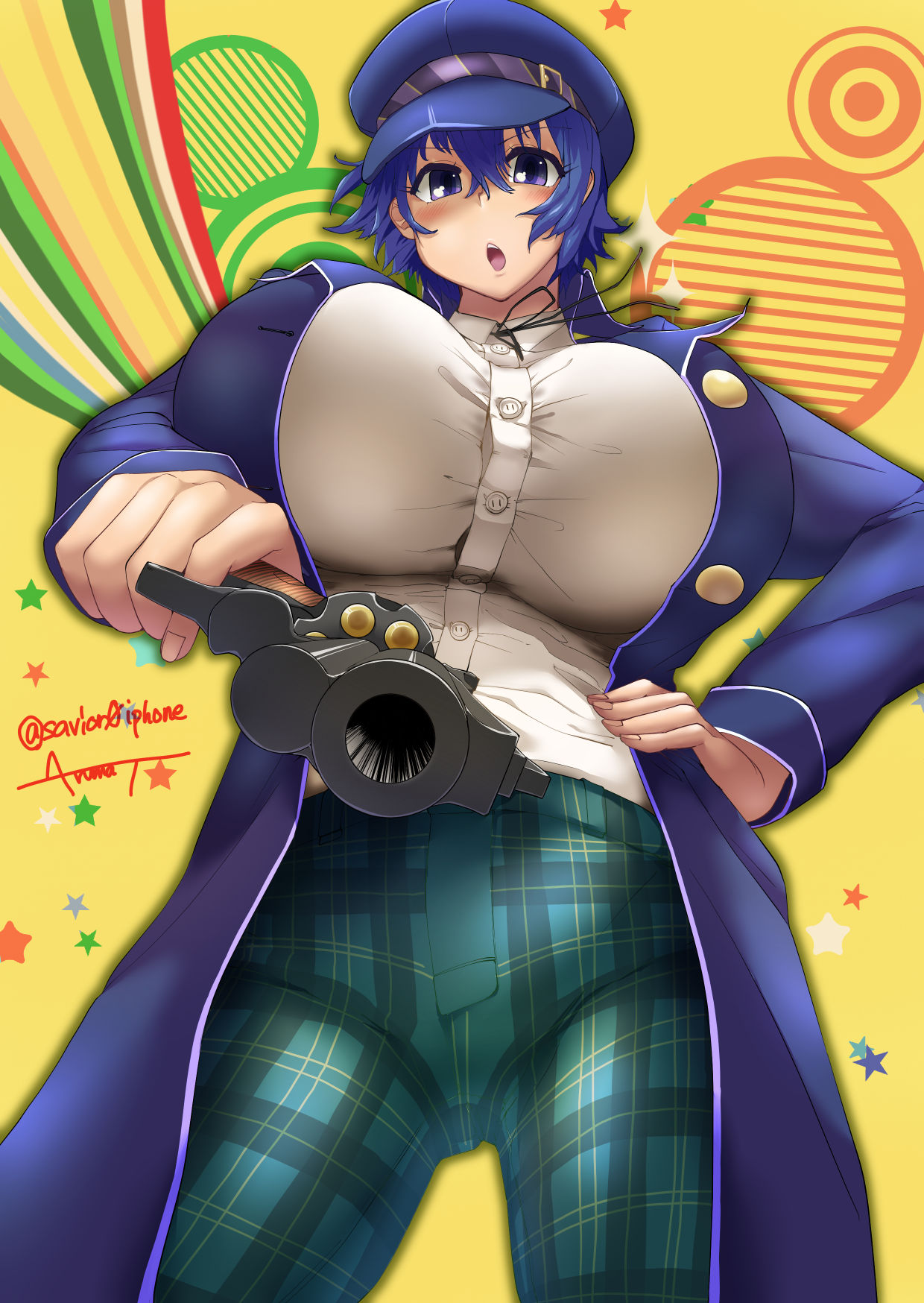 1girl arumat blue_eyes blue_hair blue_headwear blue_jacket breasts cabbie_hat gun hair_between_eyes hat highres holding holding_gun holding_weapon huge_breasts jacket looking_at_viewer open_mouth persona persona_4 shirogane_naoto shirt short_hair simple_background solo star_(symbol) weapon white_shirt yellow_background