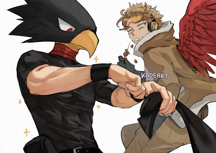 2boys animal_head artist_name belt bird_boy black_feathers black_shirt blonde_hair body_markings boku_no_hero_academia choker costume feathered_wings food fur-trimmed_jacket fur_trim gloves hawks_(boku_no_hero_academia) headphones jacket kadeart male_focus multiple_boys muscular muscular_male red_eyes red_feathers rimless_eyewear shirt short_hair short_sleeves sparkle surprised tight tight_shirt tinted_eyewear tokoyami_fumikage toned toned_male utility_belt white_background wide-eyed wings wristband yakitori