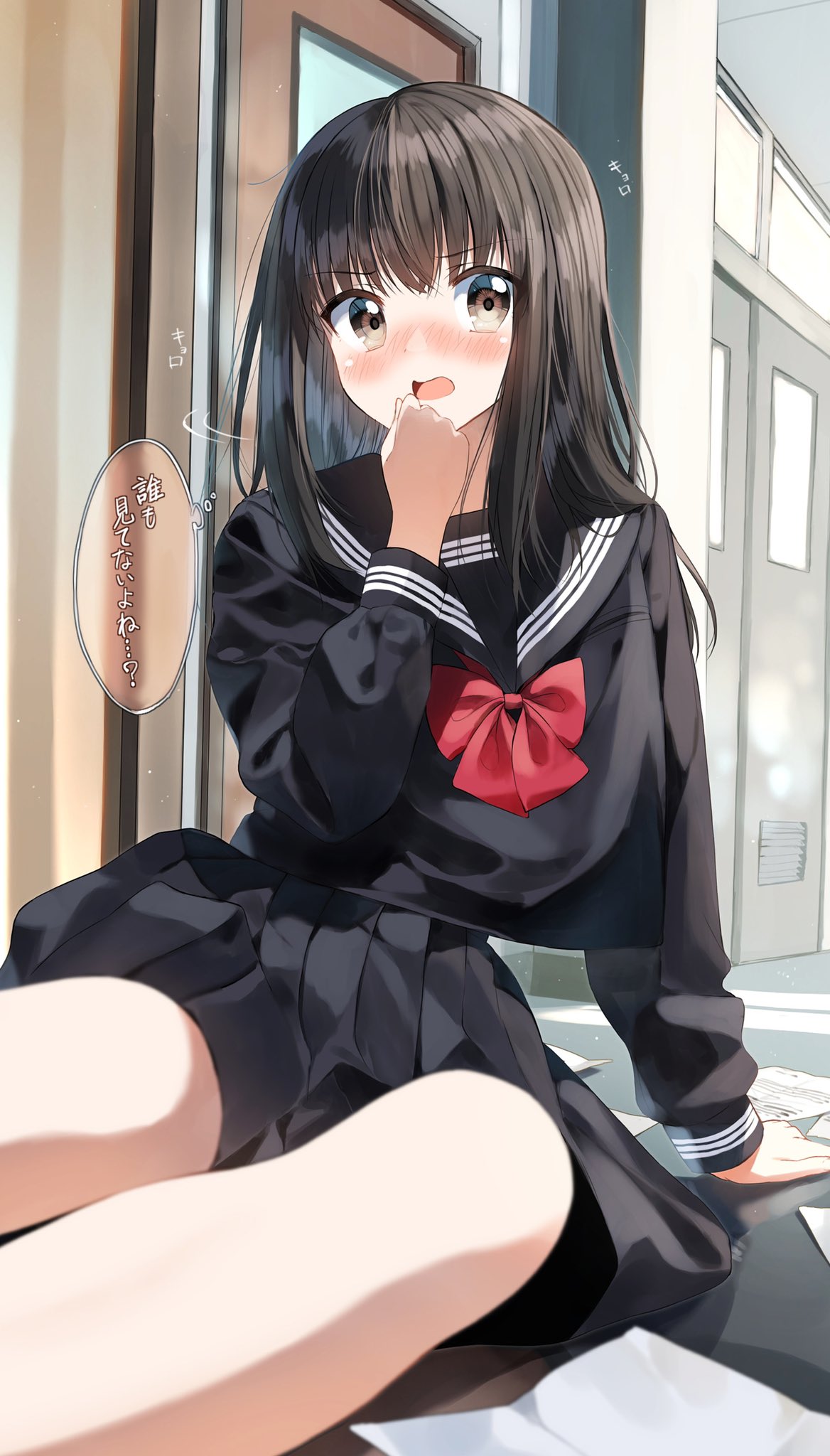 1girl arm_support bangs black_hair black_sailor_collar black_serafuku black_shirt black_skirt blush bow brown_eyes commentary_request eyebrows_visible_through_hair highres indoors long_hair motion_lines nose_blush on_floor open_mouth original pentagon_(railgun_ky1206) pleated_skirt red_bow sailor_collar school_uniform serafuku shirt skirt solo translation_request wavy_mouth
