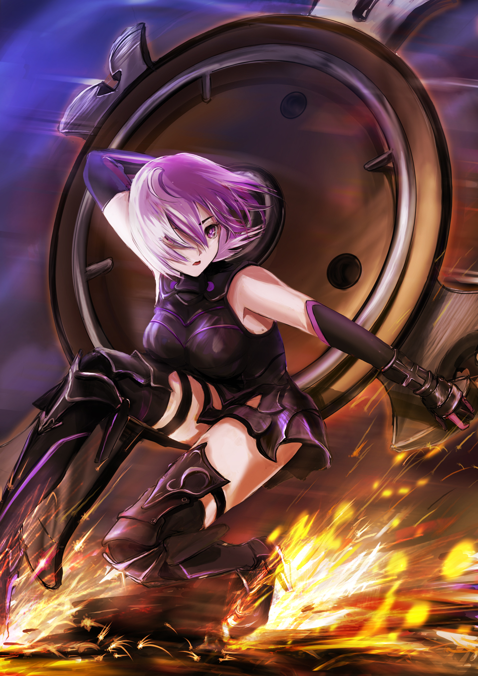 1girl amanatsu_hassaku armor bare_shoulders black_armor black_gloves breastplate closed_mouth clouds cloudy_sky commentary_request elbow_gloves eyebrows_visible_through_hair eyes_visible_through_hair fate/grand_order fate_(series) gloves grass hair_over_one_eye highres holding holding_shield holding_weapon light_purple_hair looking_at_viewer mash_kyrielight mountain out_of_frame outdoors pov purple_eyes purple_gloves shield short_hair sky smile two-tone_gloves weapon